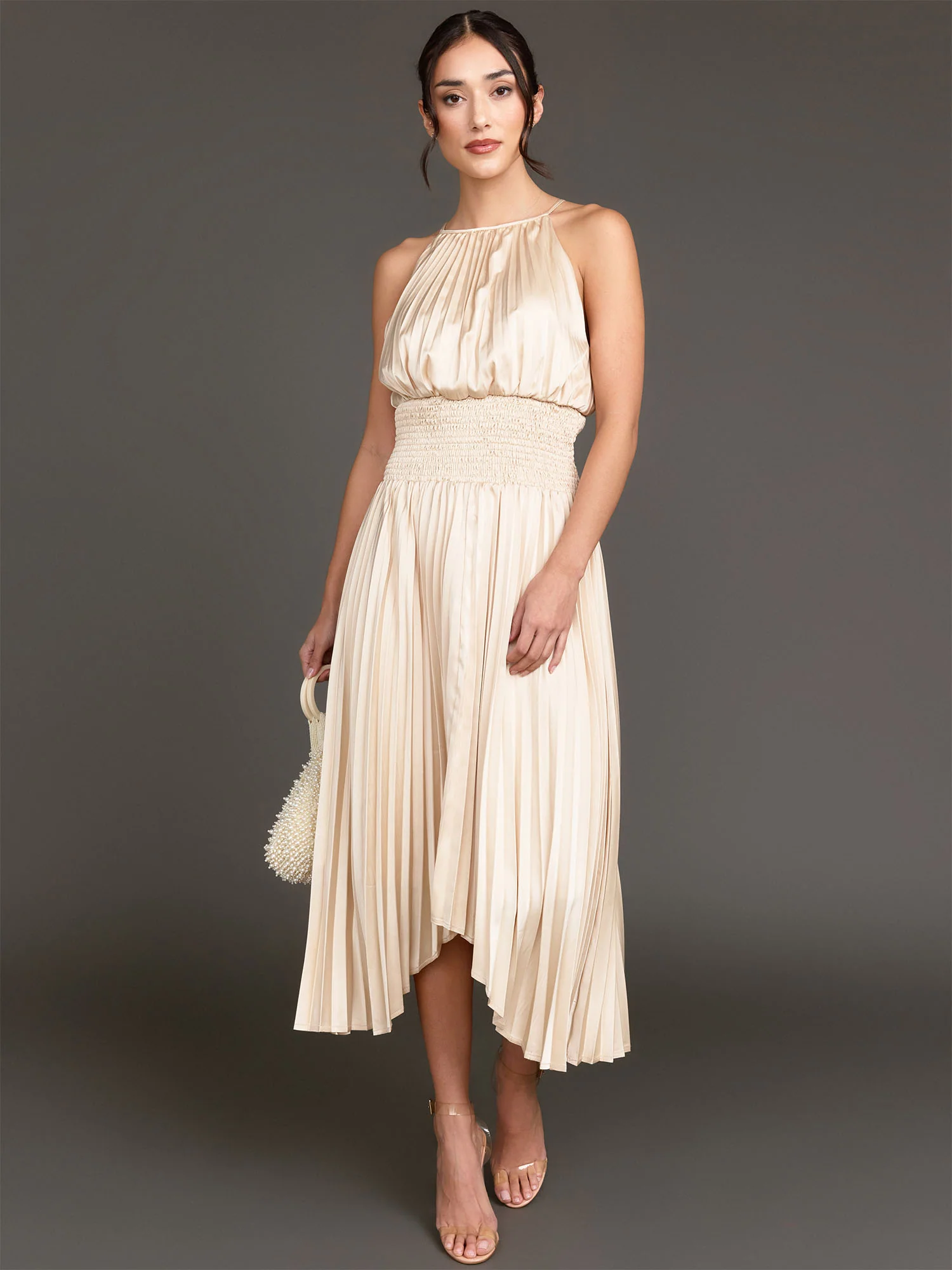 High Neck Asymmetric Pleated Midi-Dress - Lena