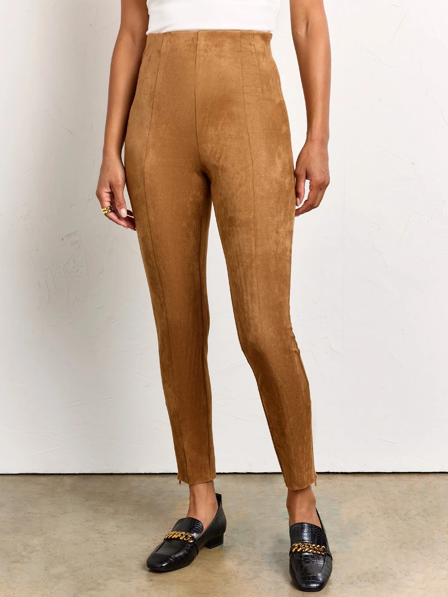 High Waist Slim Leg Suede Tapered Pant - Mustard Seed - Image 2