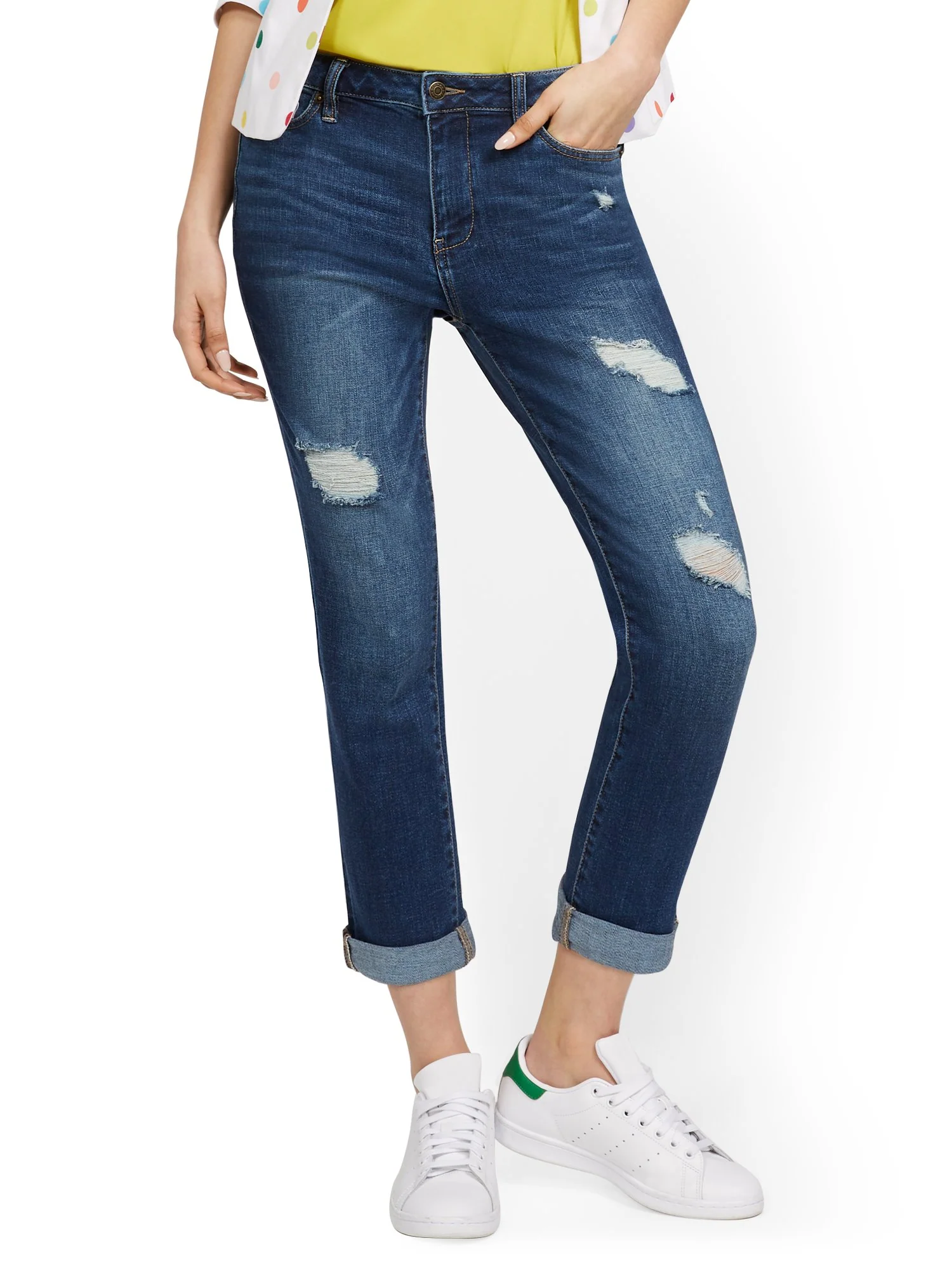 High-Waisted Boyfriend Capri Jeans - Blue Honey - Image 2