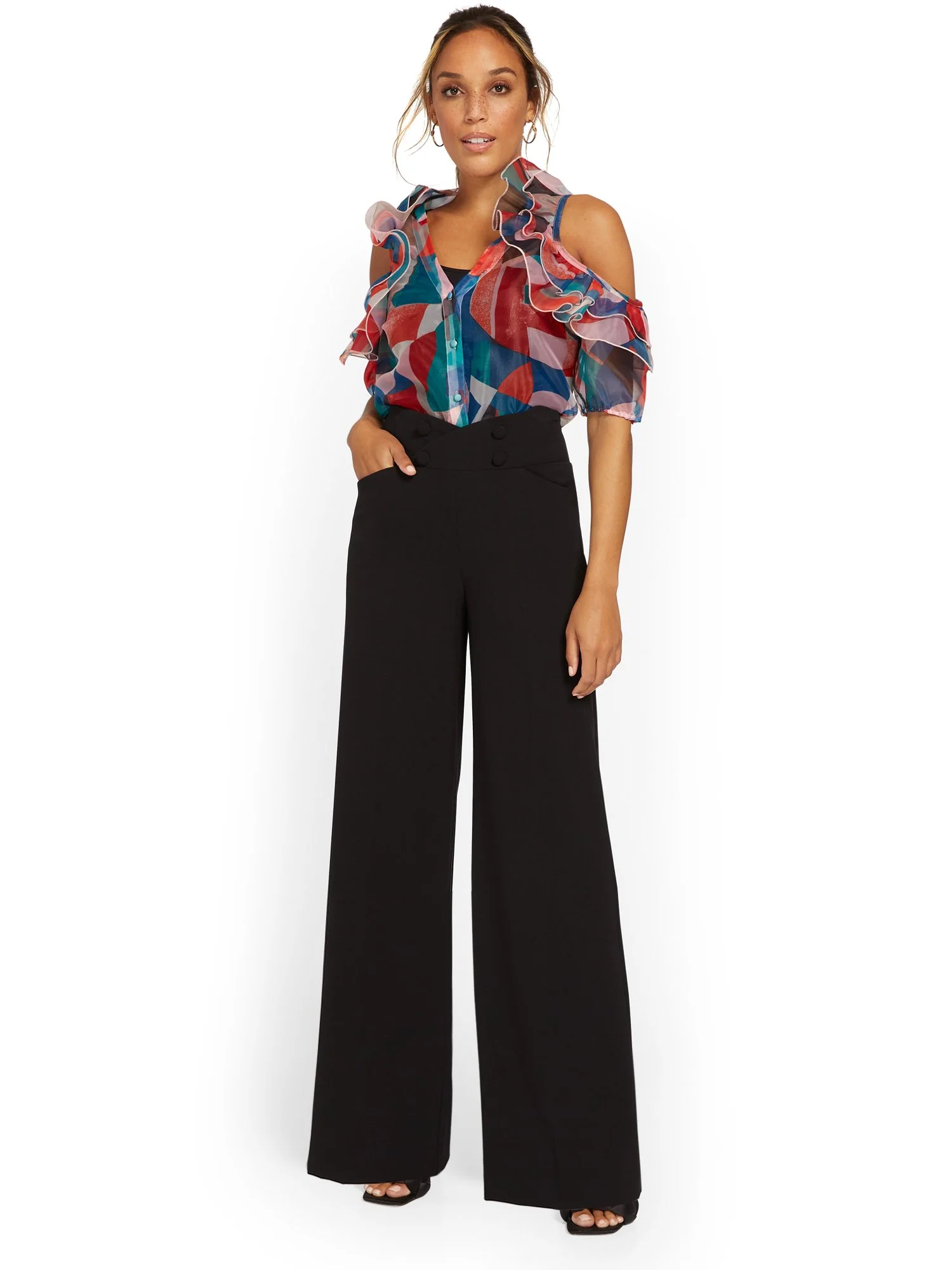 High-Waisted Button-Front Wide-Leg Pant - Essential Stretch - Image 5
