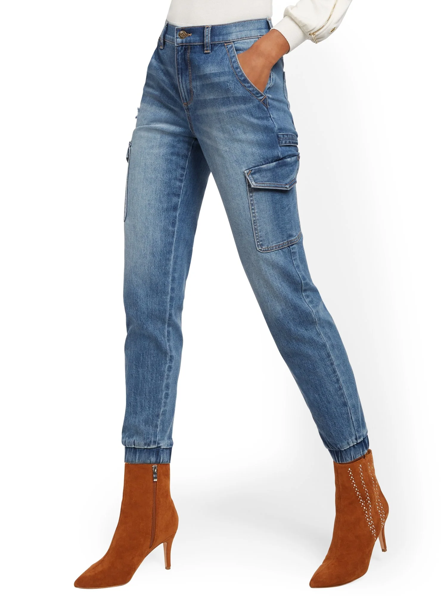 High-Waisted Cargo Ankle Jeans - Medium Blue - Image 2