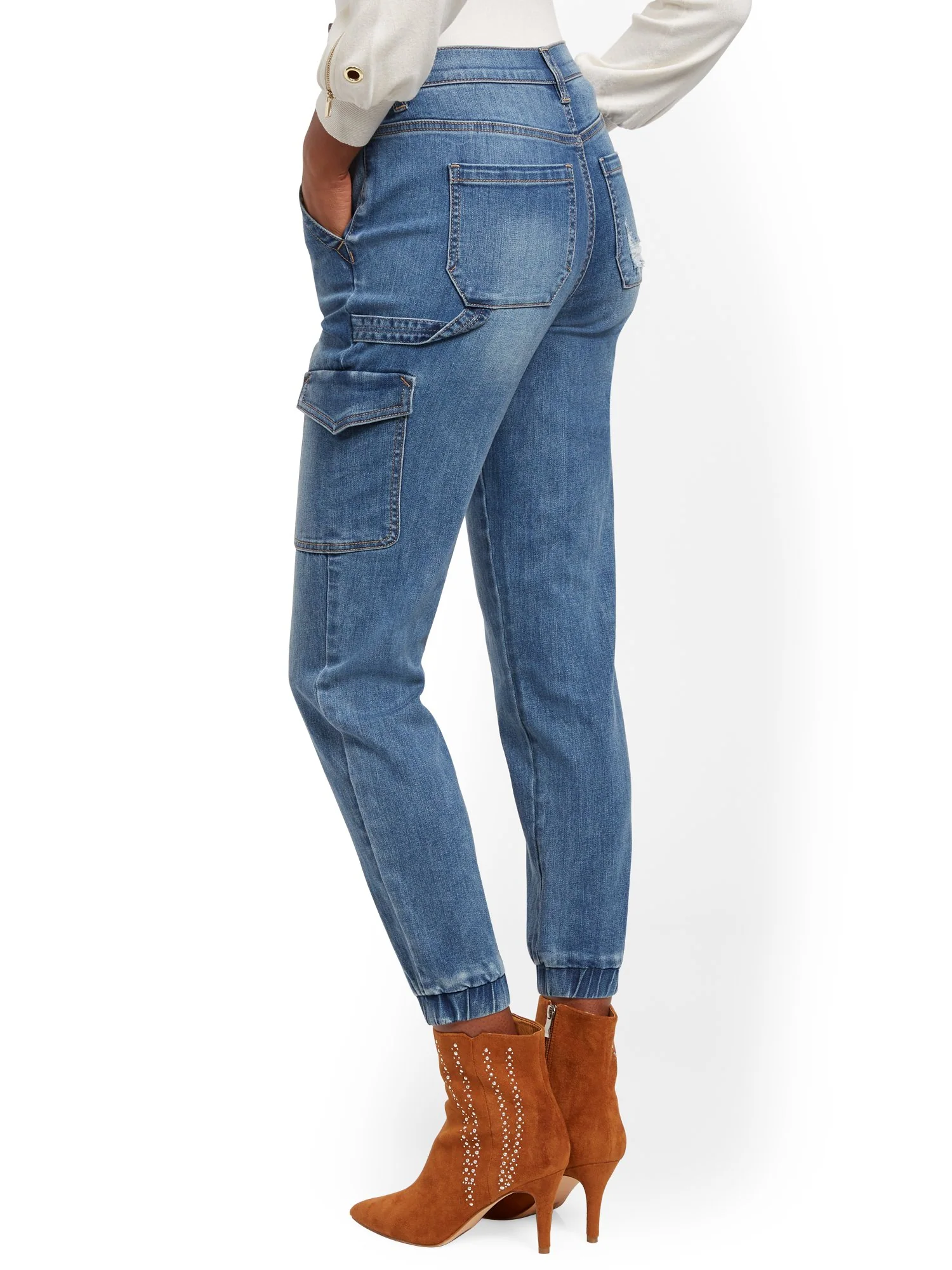 High-Waisted Cargo Ankle Jeans - Medium Blue - Image 3