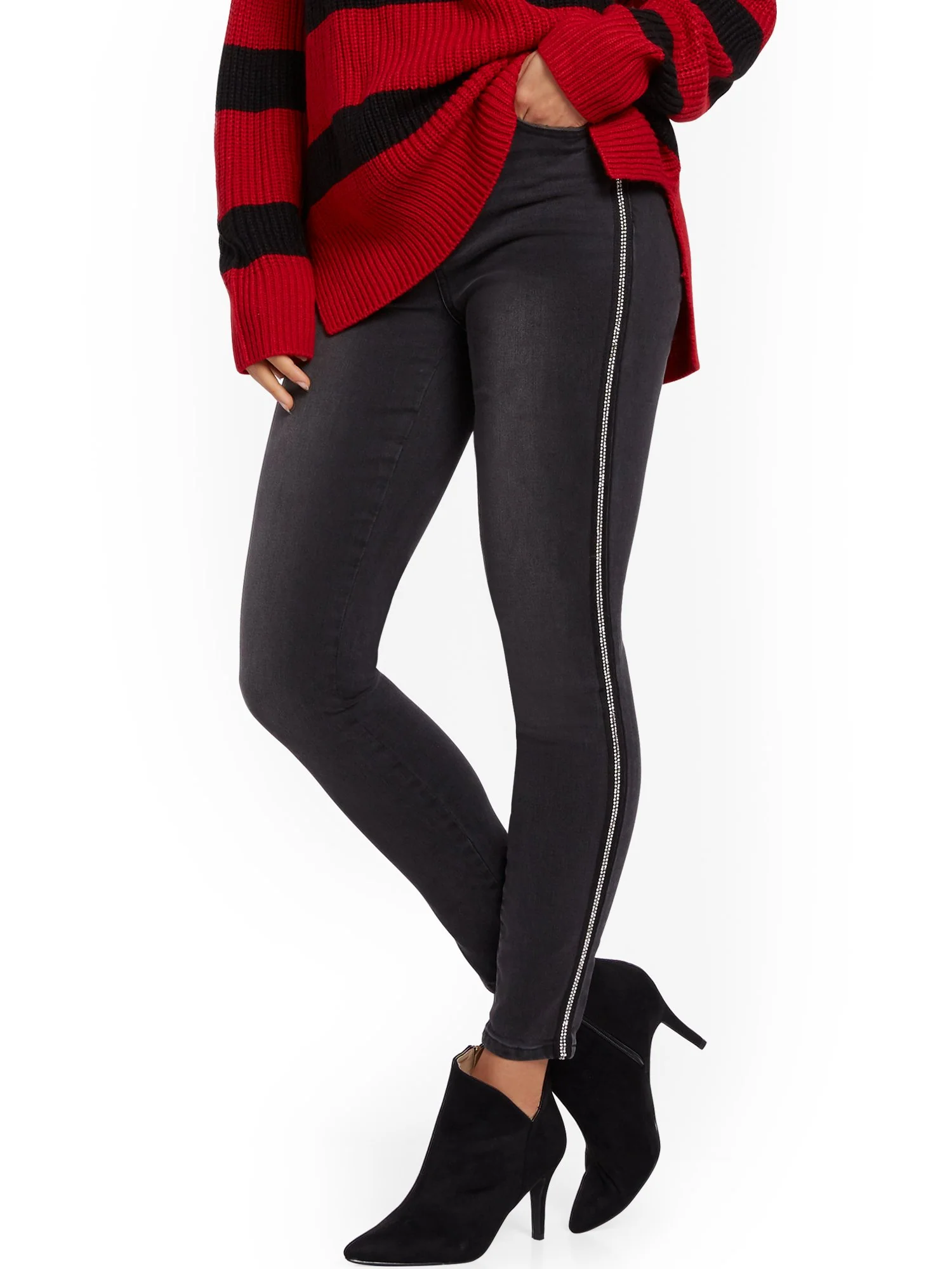 High-Waisted Curvy Super-Skinny Jeans -Jeweled Trim - Image 2