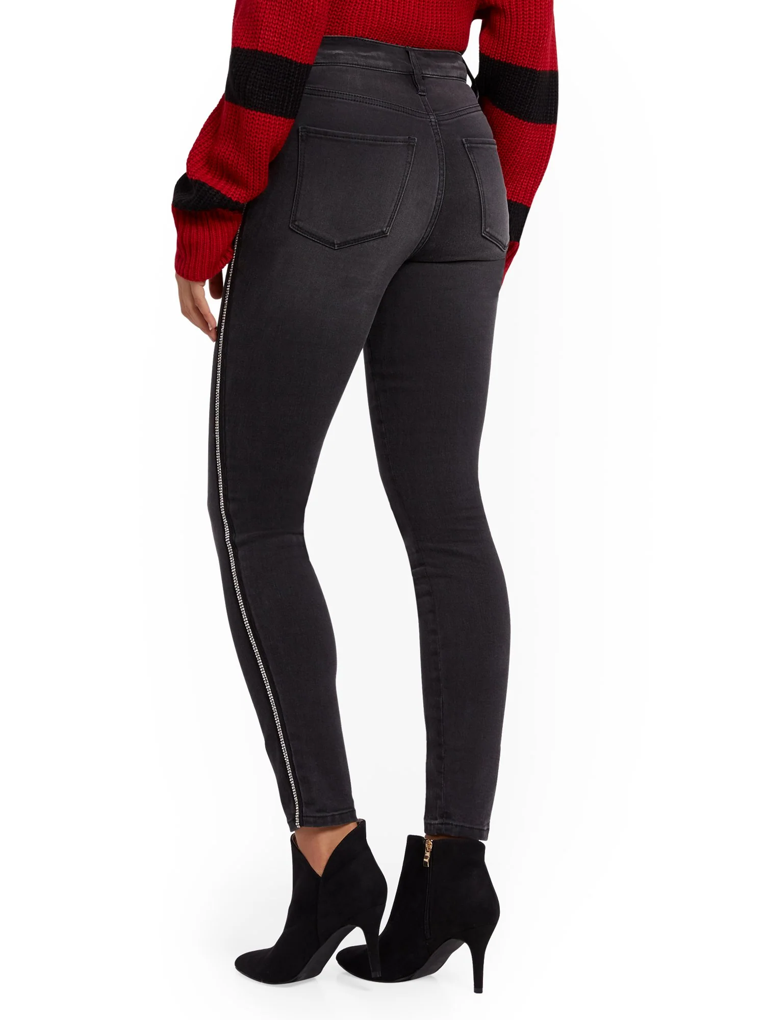 High-Waisted Curvy Super-Skinny Jeans -Jeweled Trim - Image 3