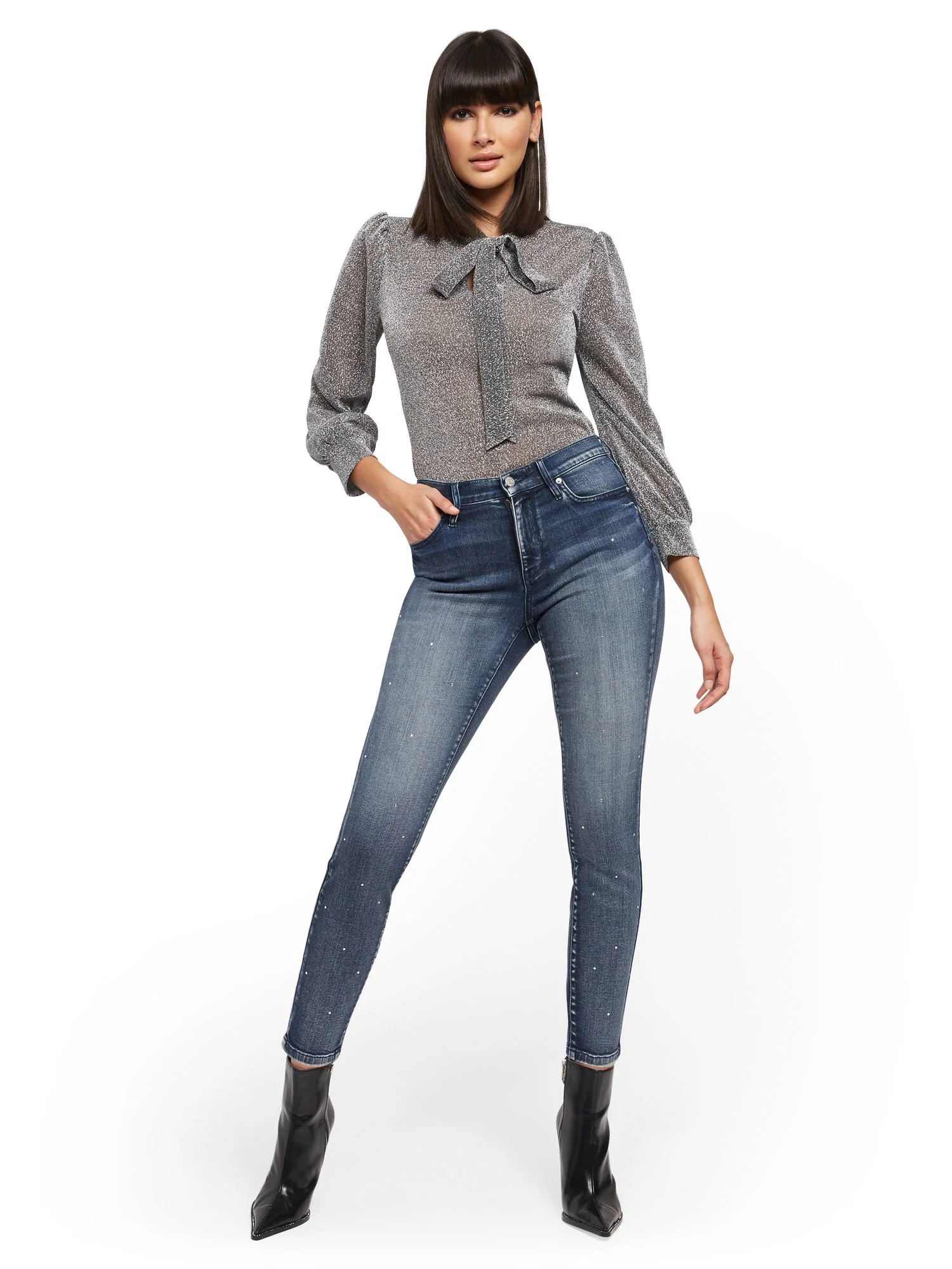 High-Waisted Curvy Super-Skinny Jeans - Rhinestone Accent - Image 4