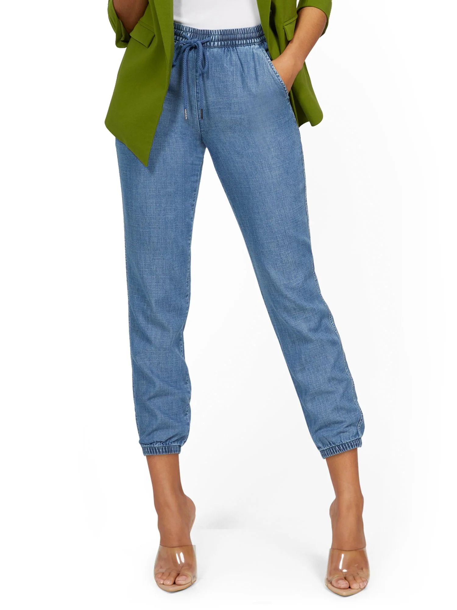 High-Waisted Denim Drawstring Jogger Pant - Medium Wash - Image 2