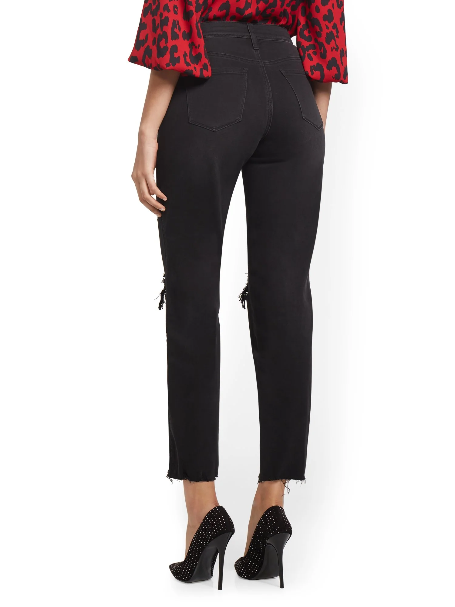 High-Waisted Distressed Dream Boyfriend Ankle Jeans - Black - Image 3