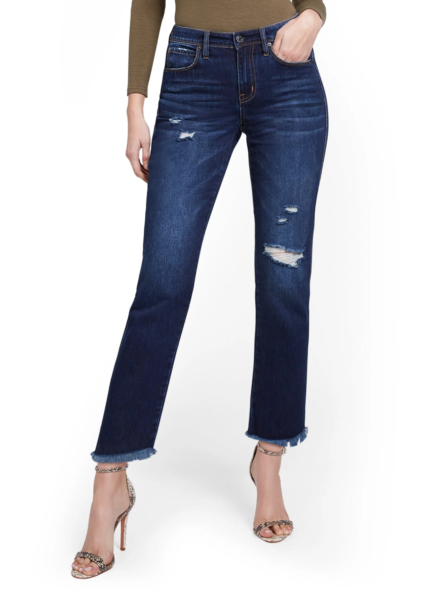 High-Waisted Distressed Dream Boyfriend Ankle Jeans - Dark Blue Wash - Image 2