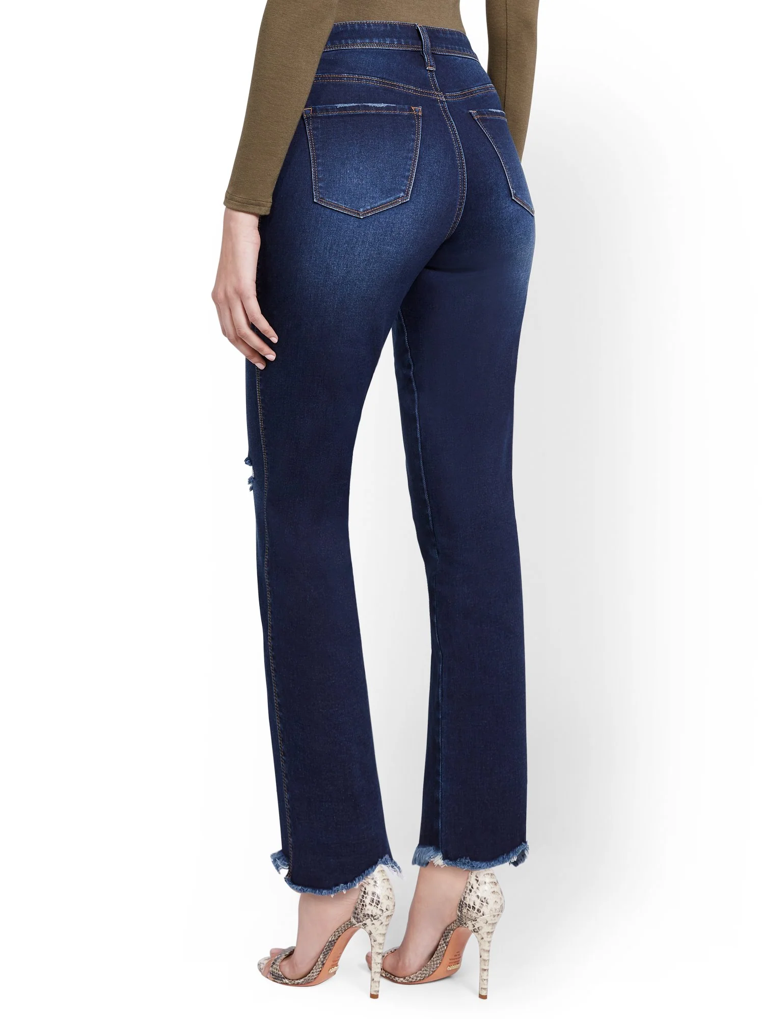 High-Waisted Distressed Dream Boyfriend Ankle Jeans - Dark Blue Wash - Image 3