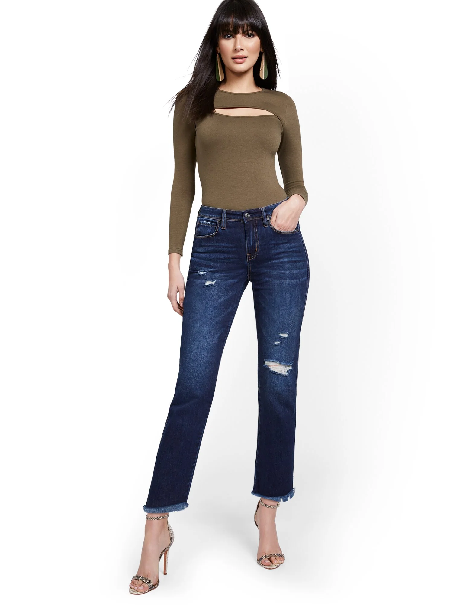 High-Waisted Distressed Dream Boyfriend Ankle Jeans - Dark Blue Wash - Image 4