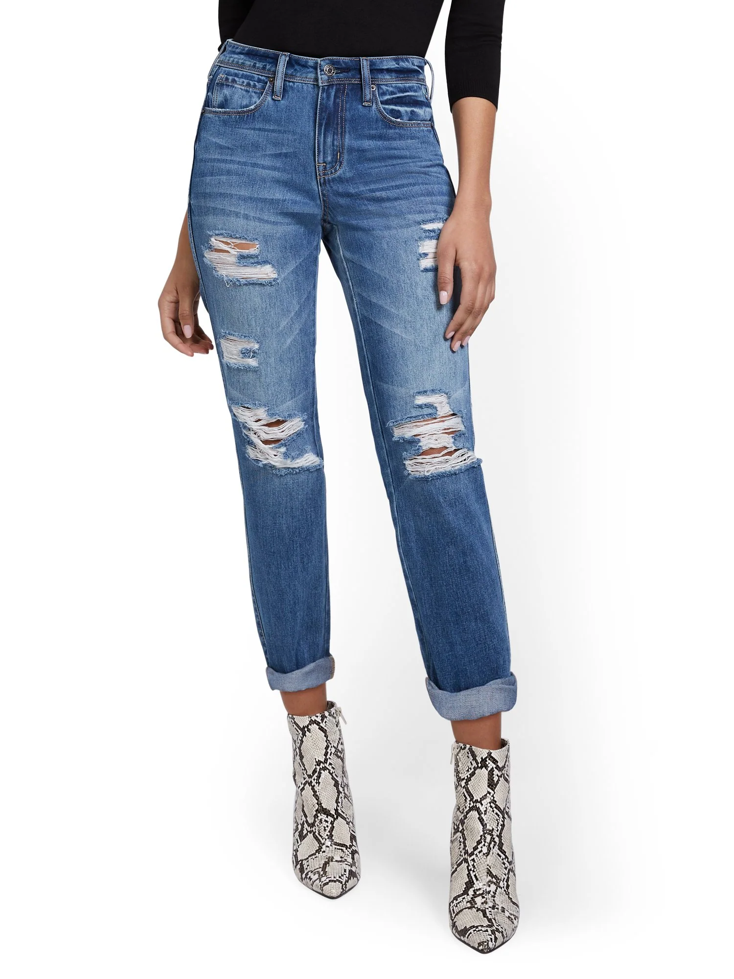 High-Waisted Distressed Dream Boyfriend Ankle Jeans - Medium Blue Wash