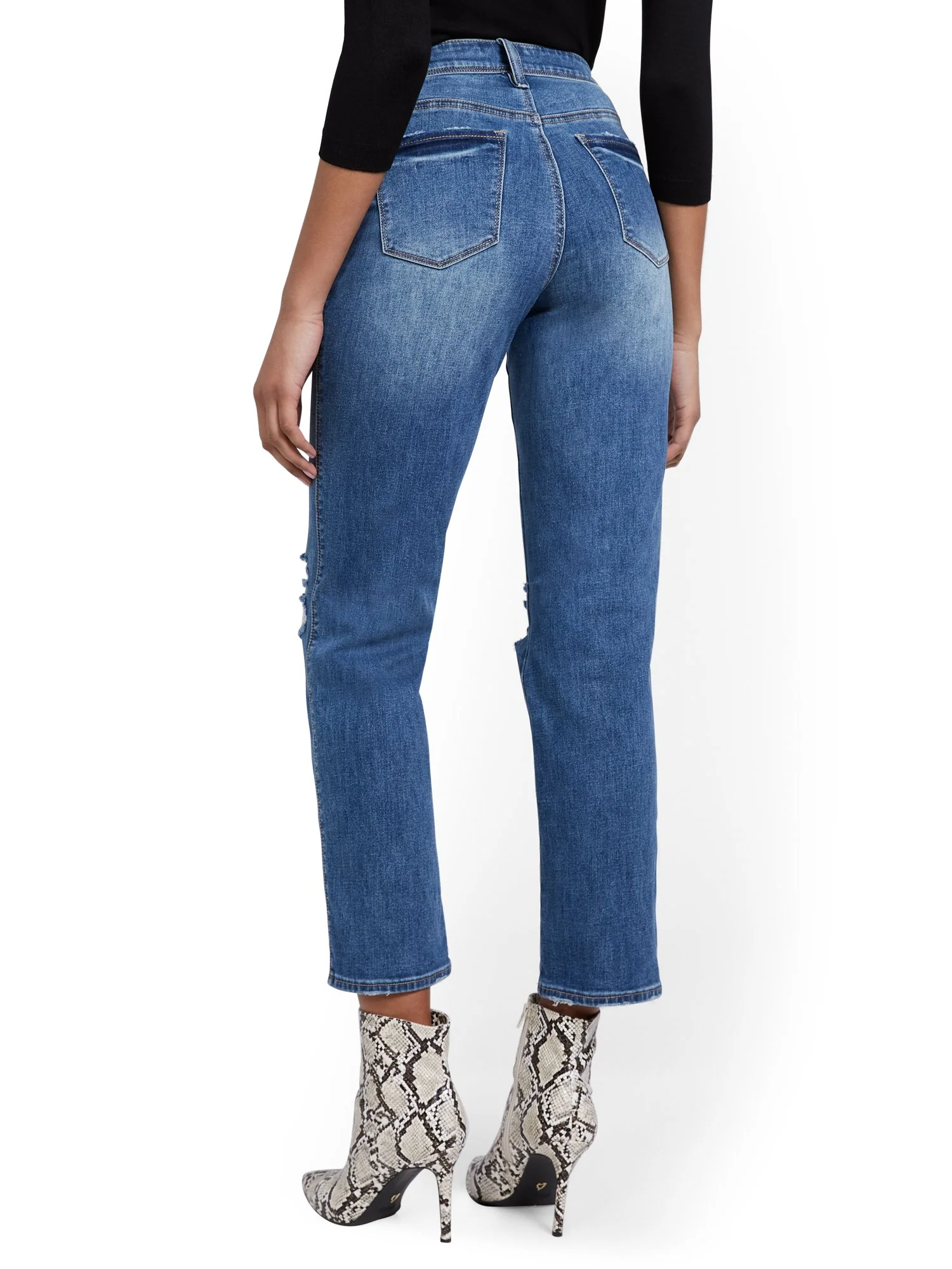 High-Waisted Distressed Dream Boyfriend Ankle Jeans - Medium Blue Wash - Image 3