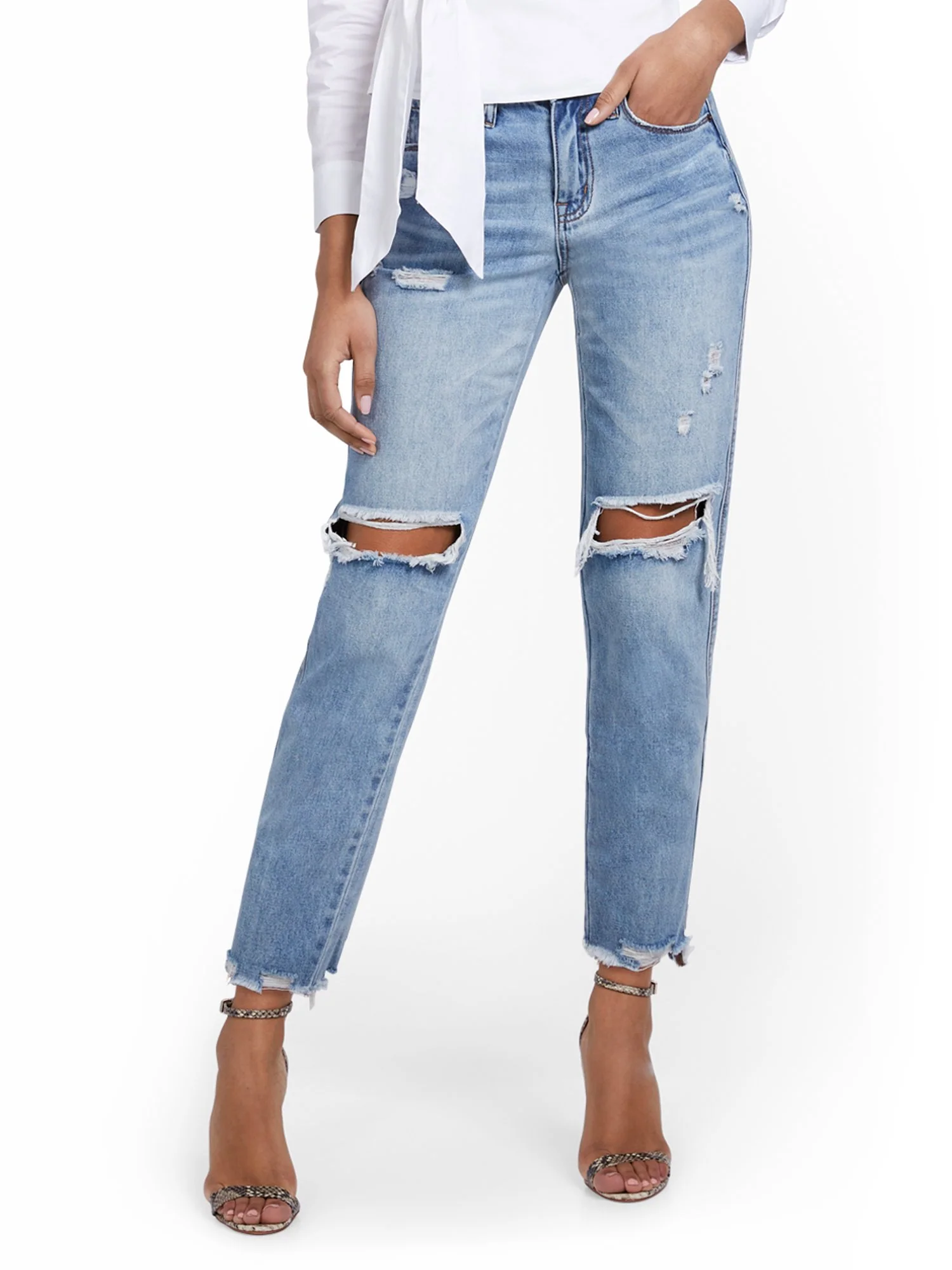 High-Waisted Distressed Dream Boyfriend Ankle Jeans - Medium Blue Wash - Image 2