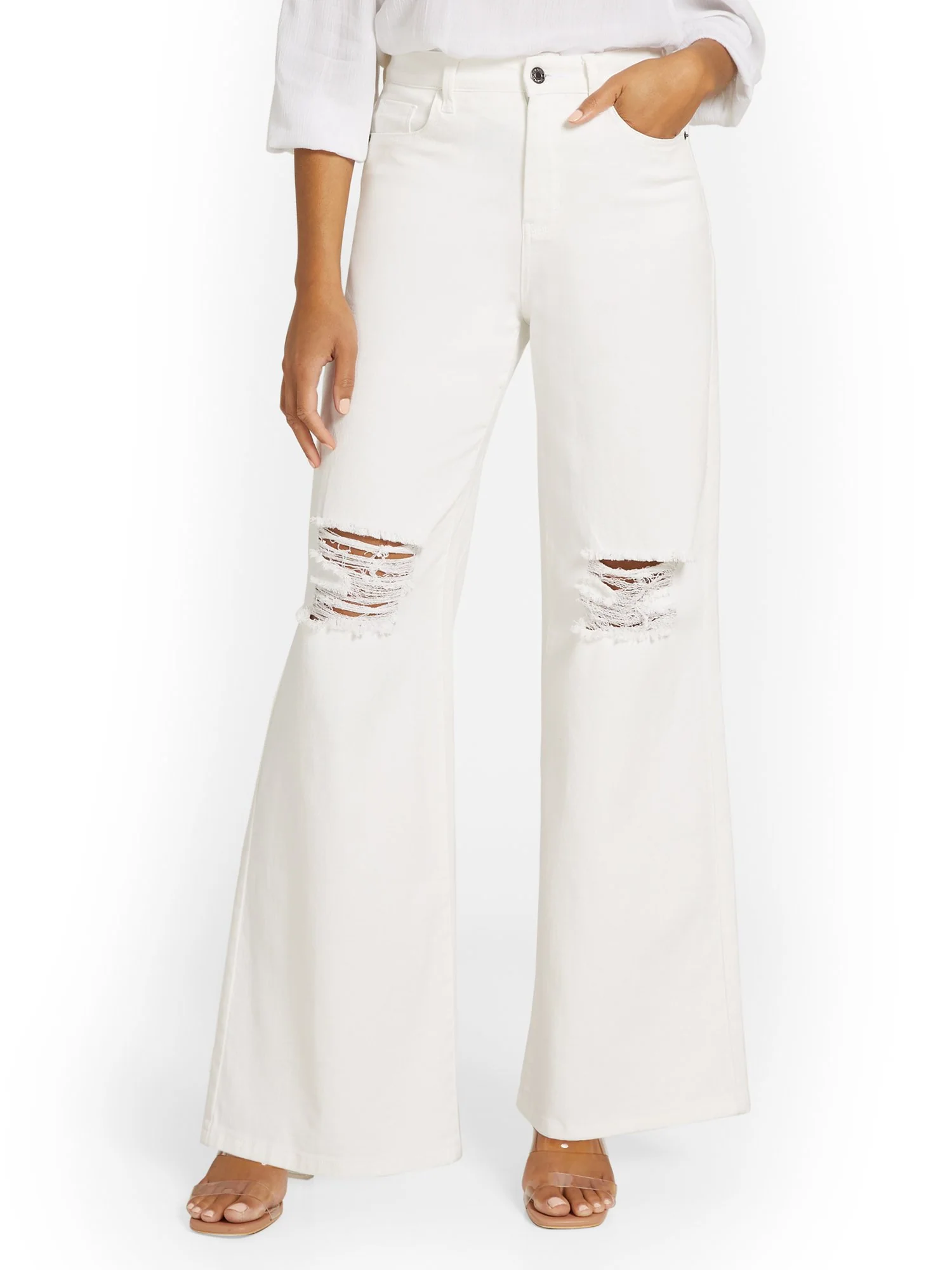High-Waisted Distressed Wide-Leg Jeans - White