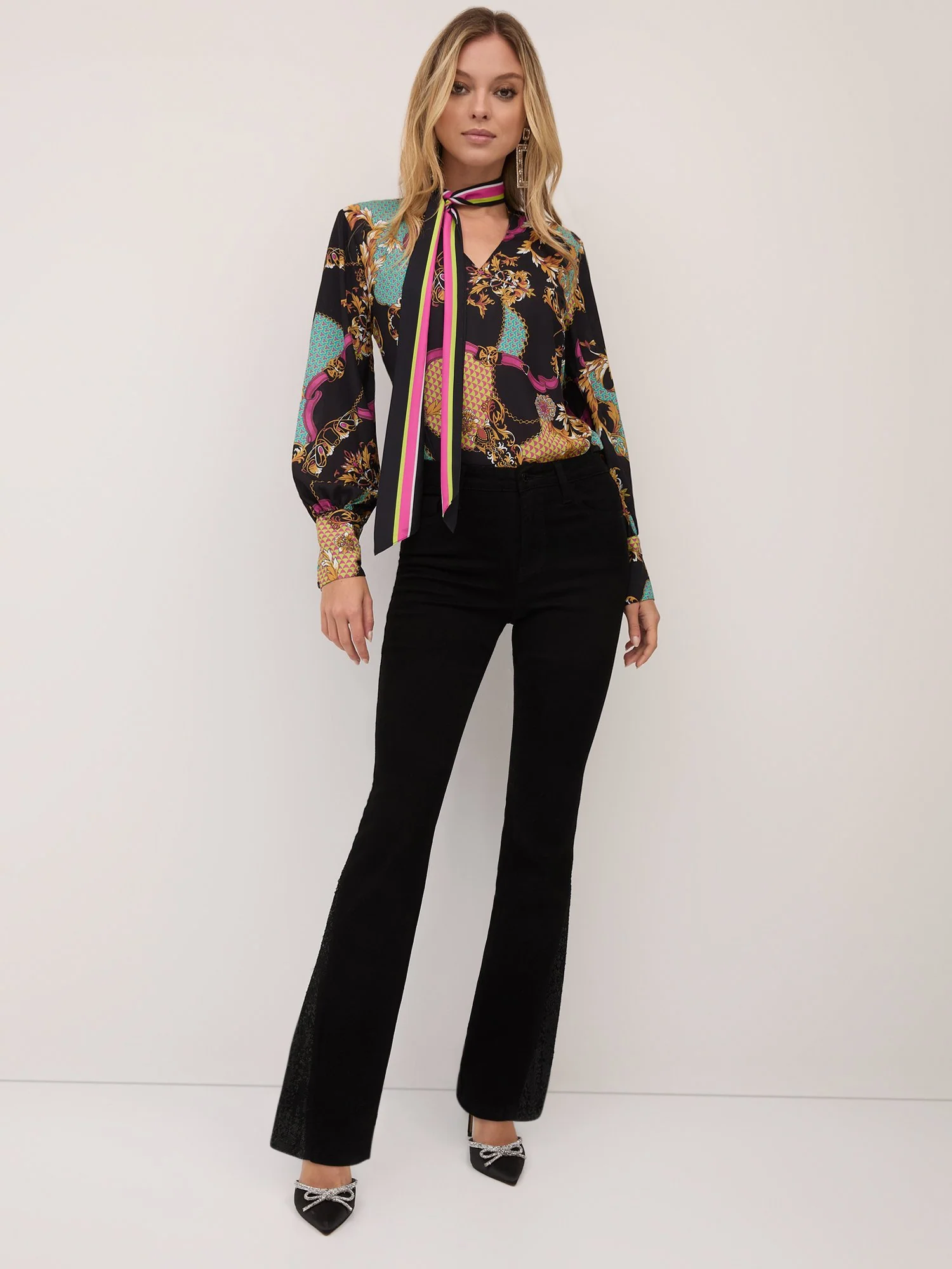 High-Waisted Embellished-Inset Bootcut Jeans - Black - Image 2