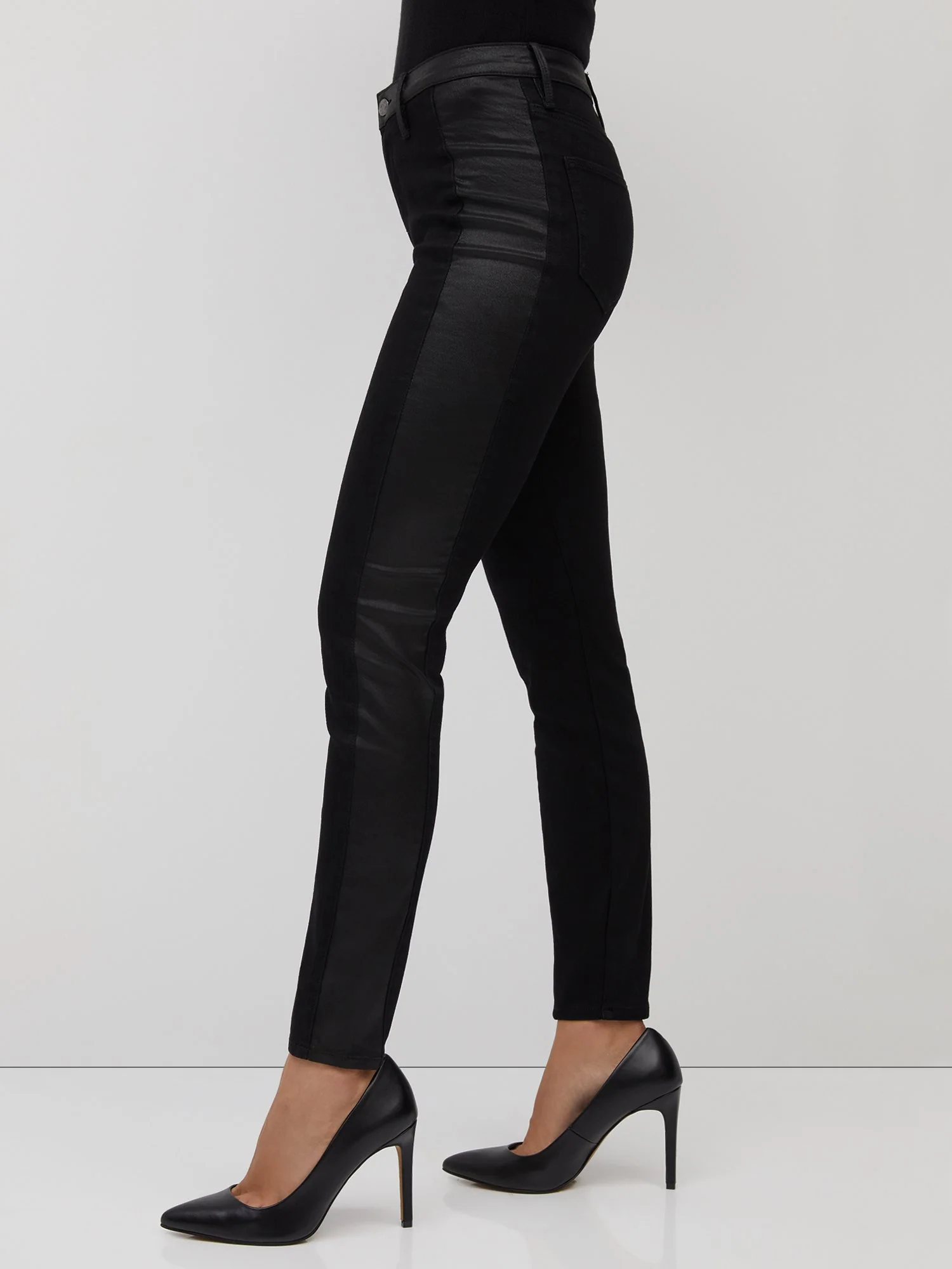 High-Waisted Faux-Leather Side-Stripe Super-Skinny Jeans - Black - Image 4