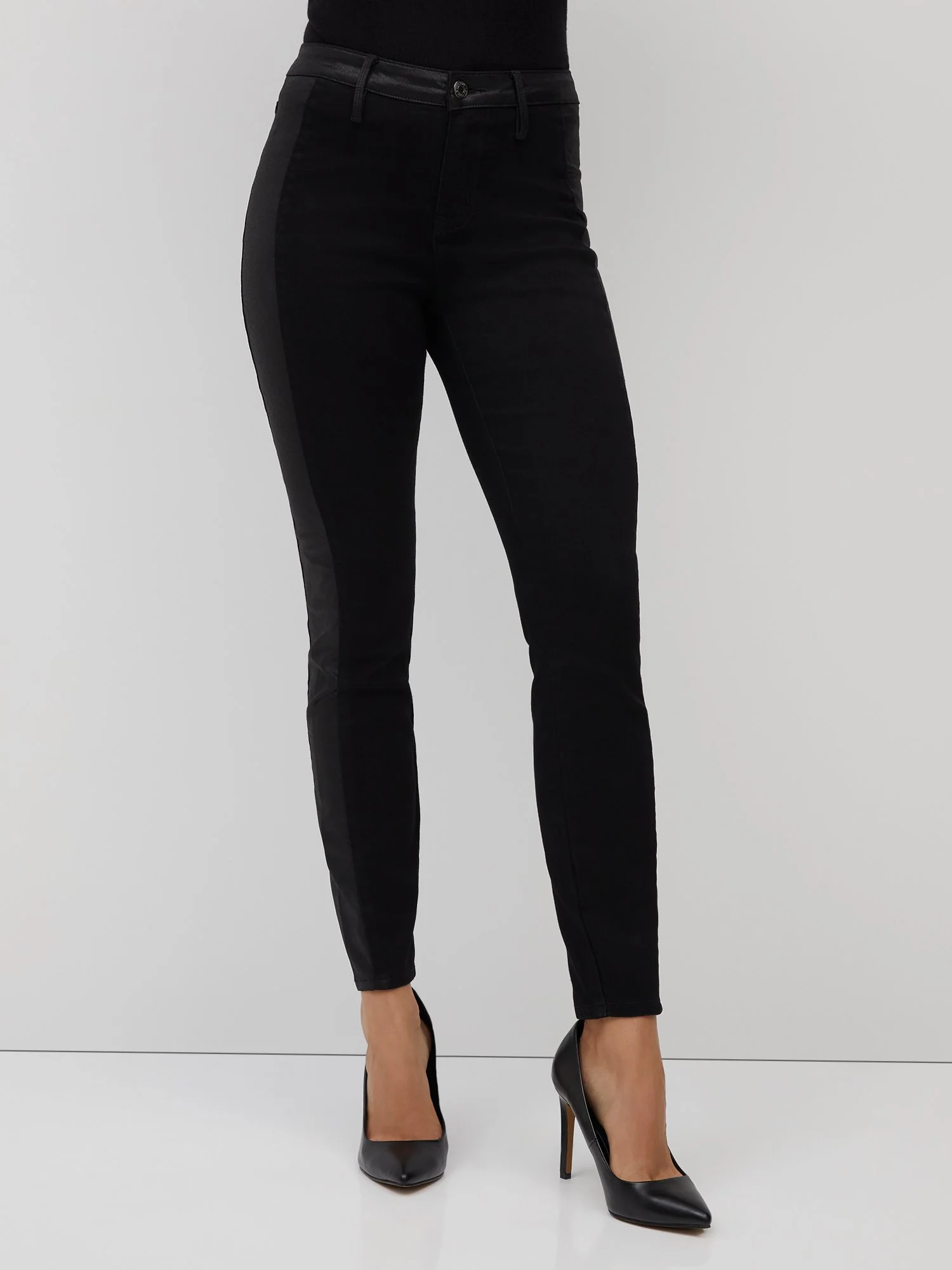 High-Waisted Faux-Leather Side-Stripe Super-Skinny Jeans - Black - Image 5