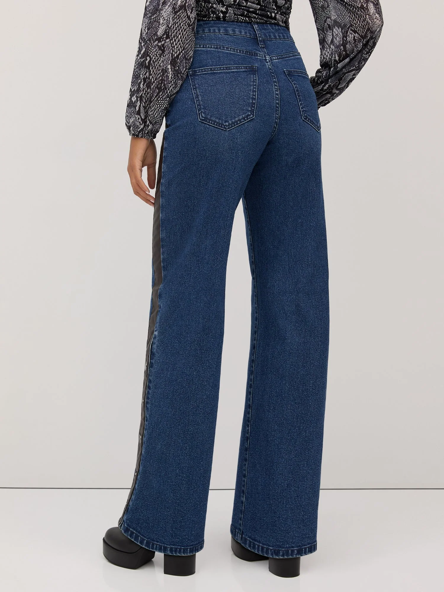 High-Waisted Faux-Leather Snap Wide-Leg Jeans - Dark Wash - Image 3