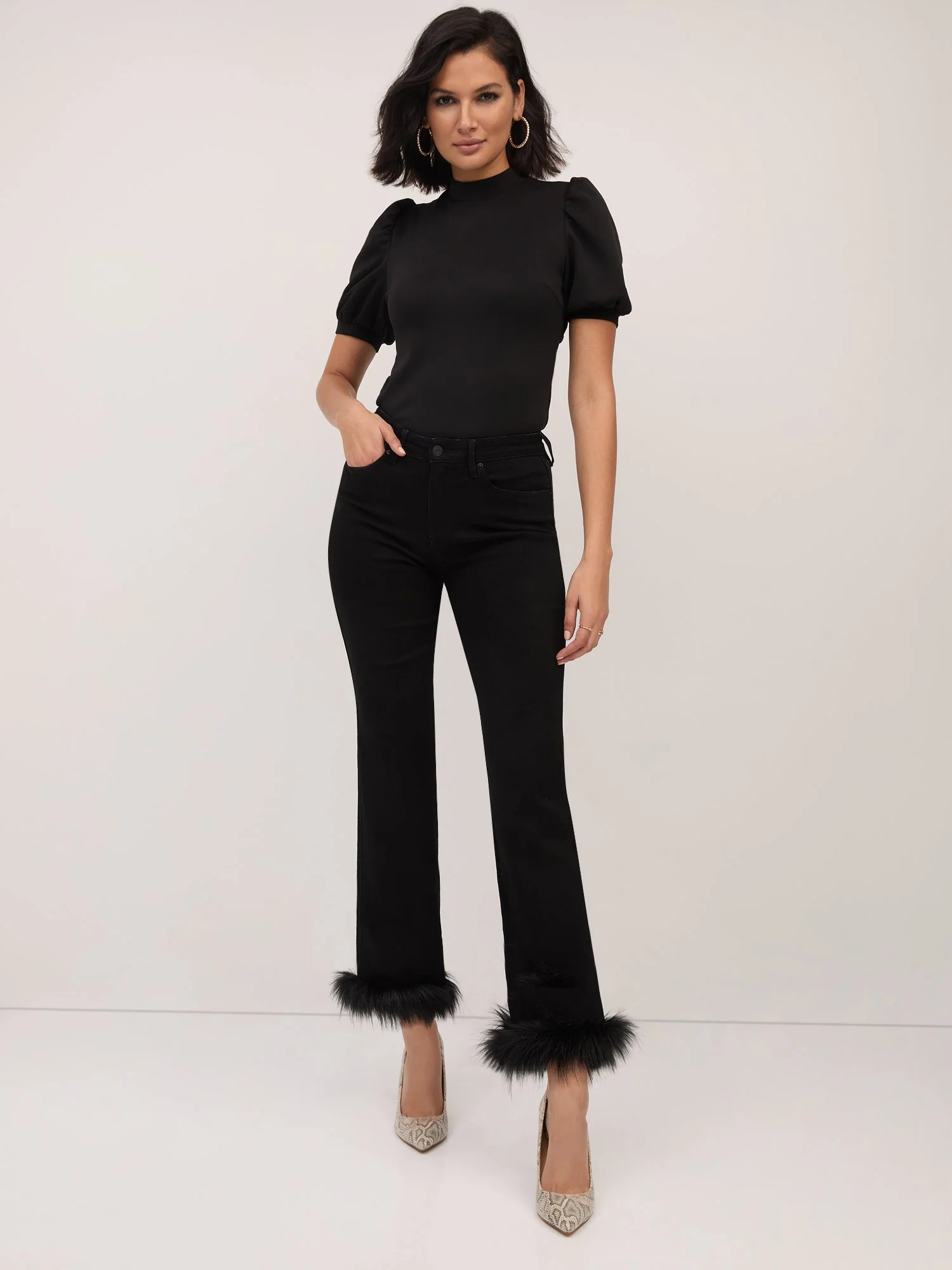 High-Waisted Feather-Hem Super-Skinny Jeans - Black - Image 2