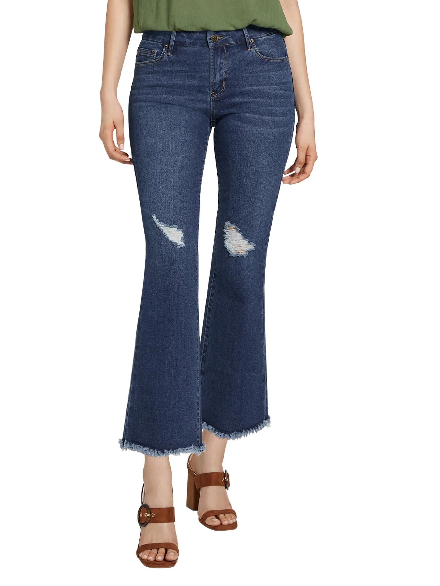 High-Waisted Flare Capri Jeans - Dark Blue Wash - Image 4