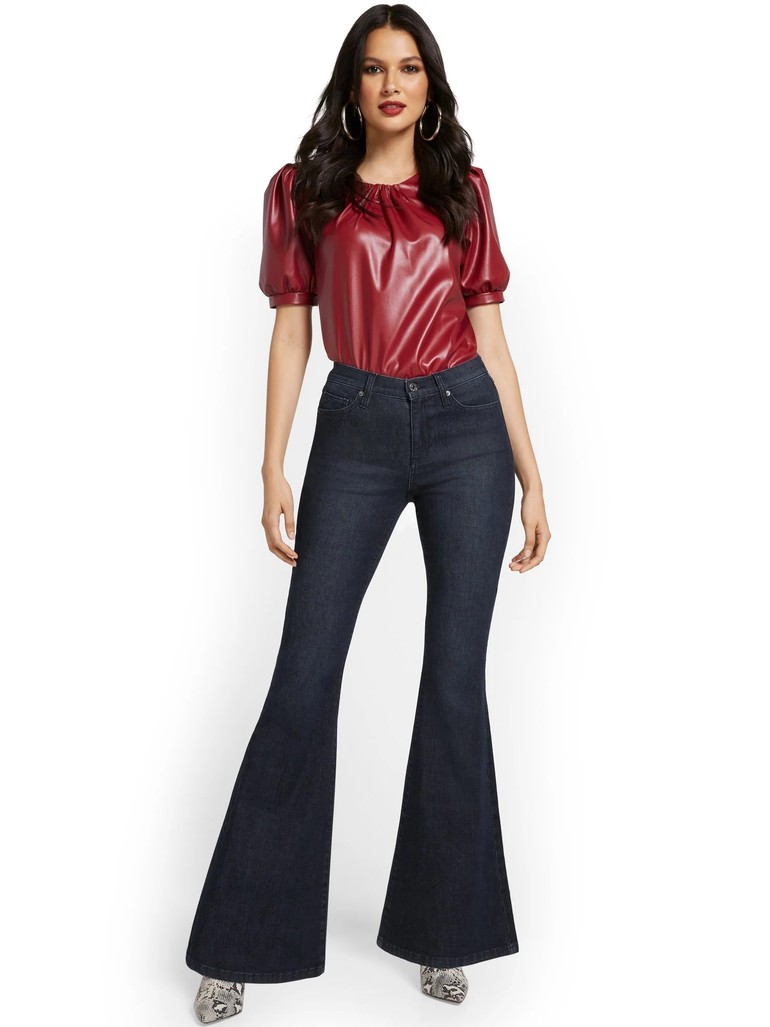 High-Waisted Flare Jeans - Dark Blue Wash - Image 4