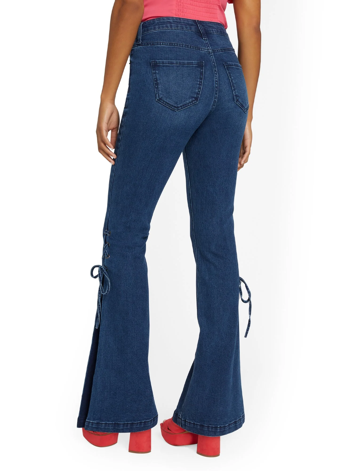 High-Waisted Lace-Up Bootcut Jeans - Dark Wash - Image 3