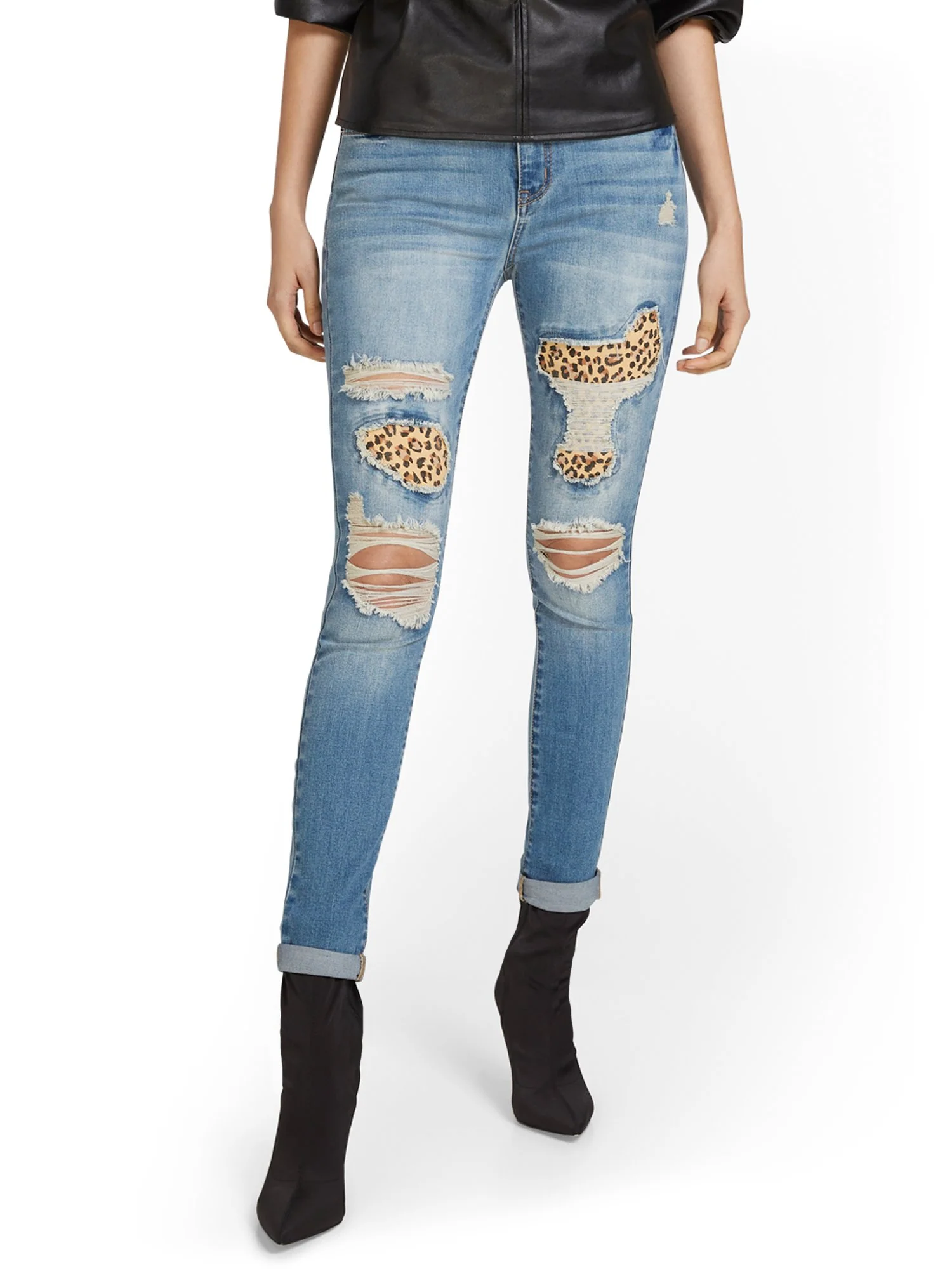 High-Waisted Leopard-Inset Distressed Super-Skinny Jeans - Image 2