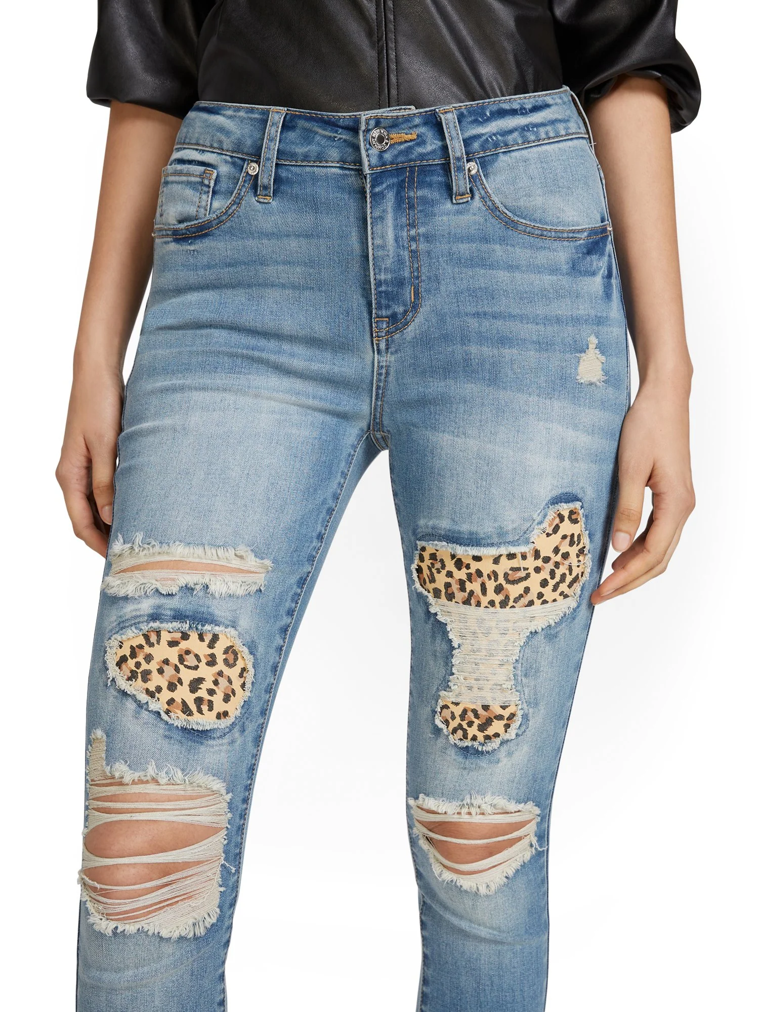 High-Waisted Leopard-Inset Distressed Super-Skinny Jeans - Image 5