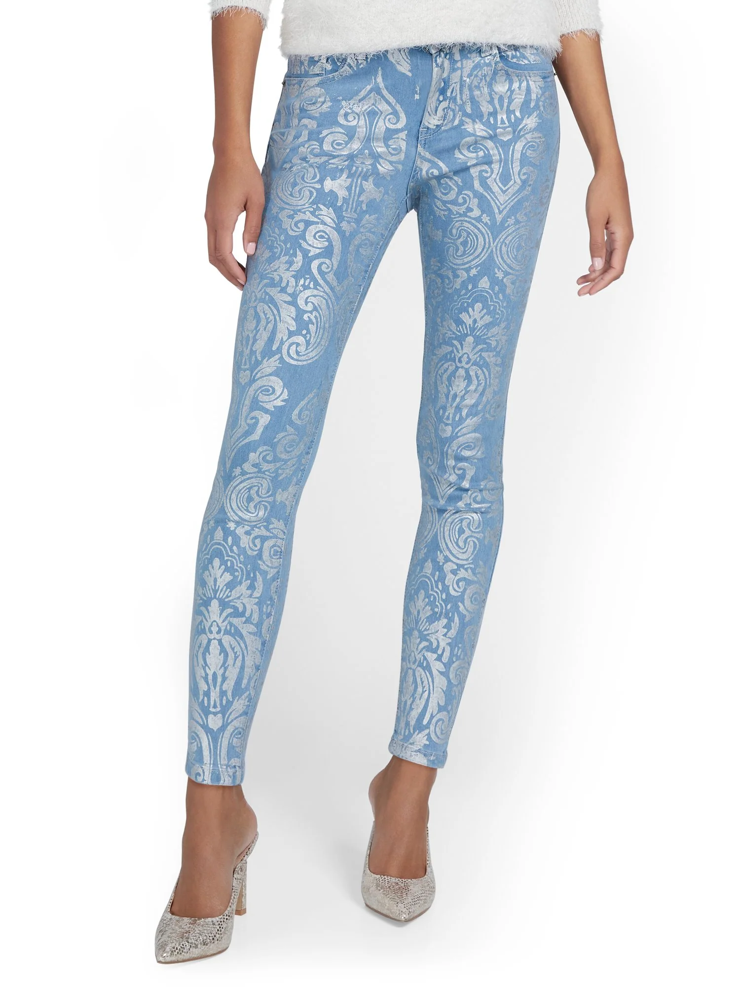 High-Waisted Metallic Paisley Skinny Ankle Jeans