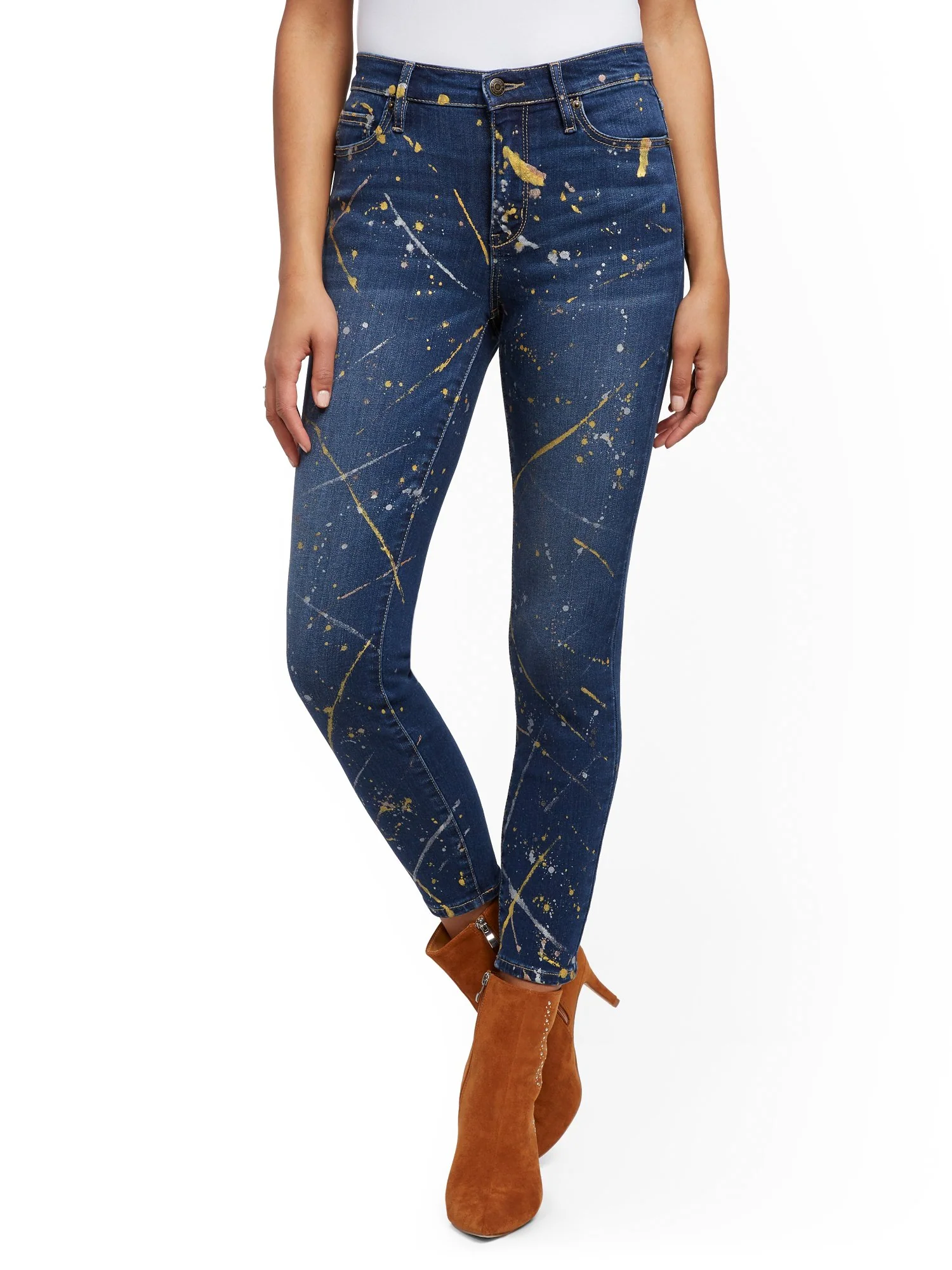 High-Waisted Paint-Splatter Super-Skinny Ankle Jeans - Blue Honey