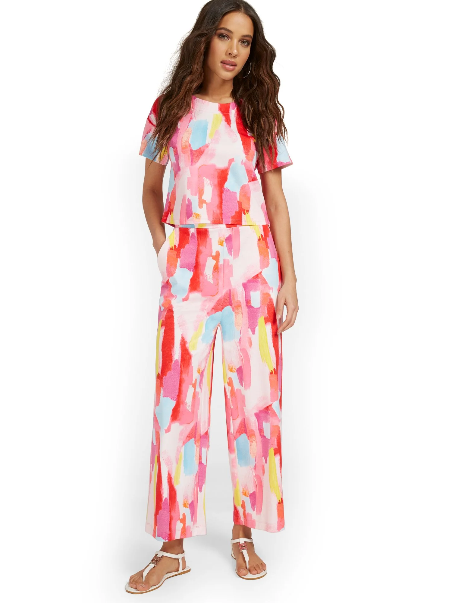 High-Waisted Pull-On Wide-Leg Watercolor Capri Pant - City Knits - Image 4