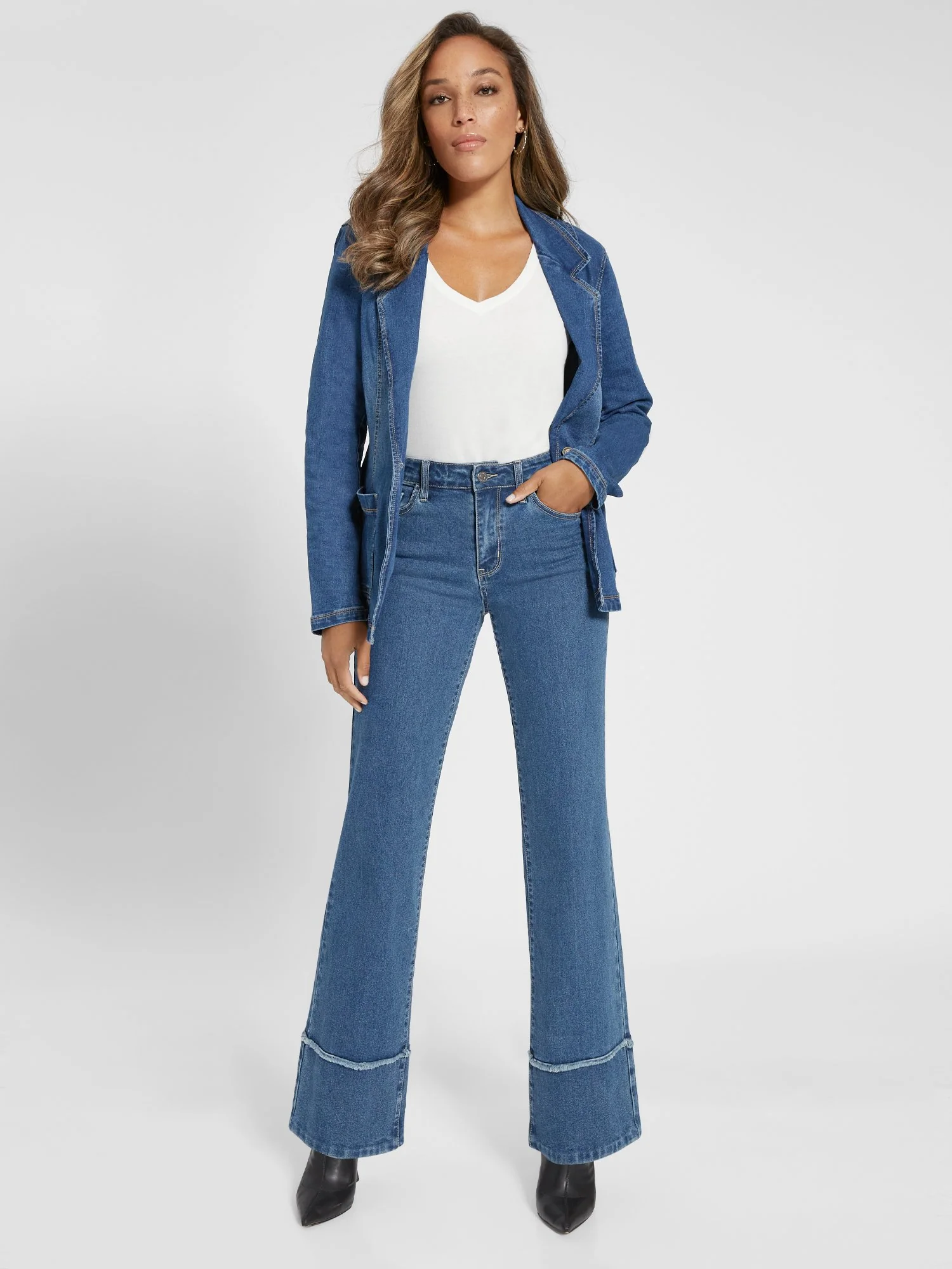 High-Waisted Raw-Cuff Flare Jeans - Medium Wash - Image 2