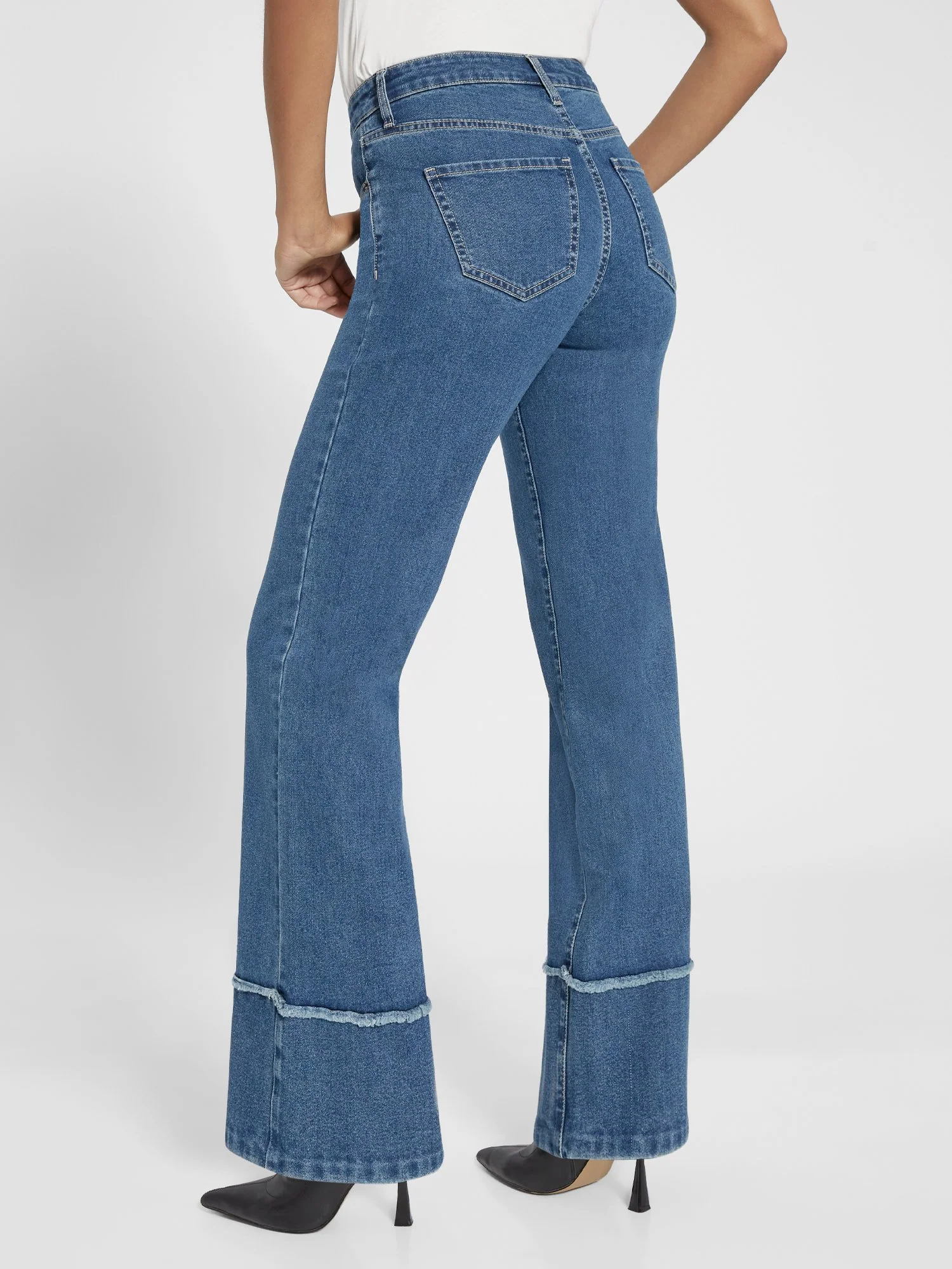 High-Waisted Raw-Cuff Flare Jeans - Medium Wash - Image 3
