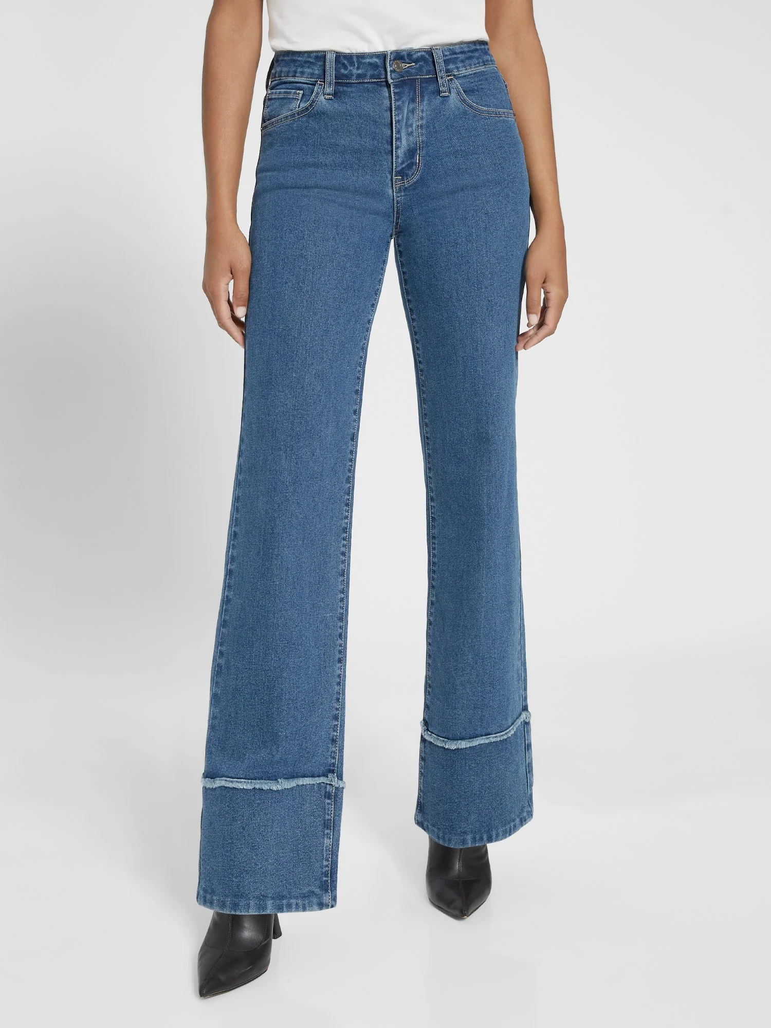 High-Waisted Raw-Cuff Flare Jeans - Medium Wash - Image 4