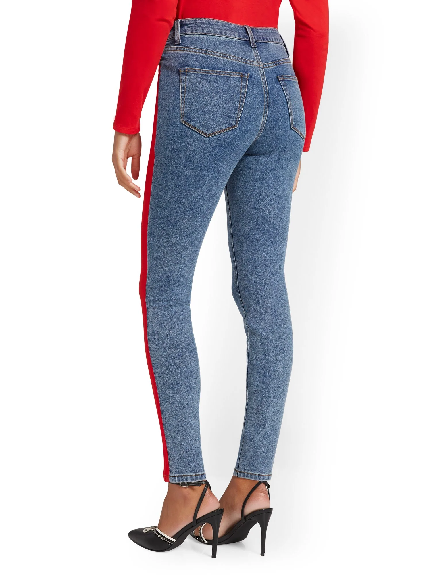 High-Waisted Red Colorblock Skinny Ankle Jeans - Image 3