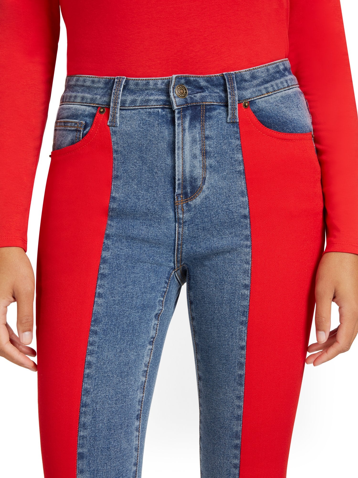 High-Waisted Red Colorblock Skinny Ankle Jeans - Image 4