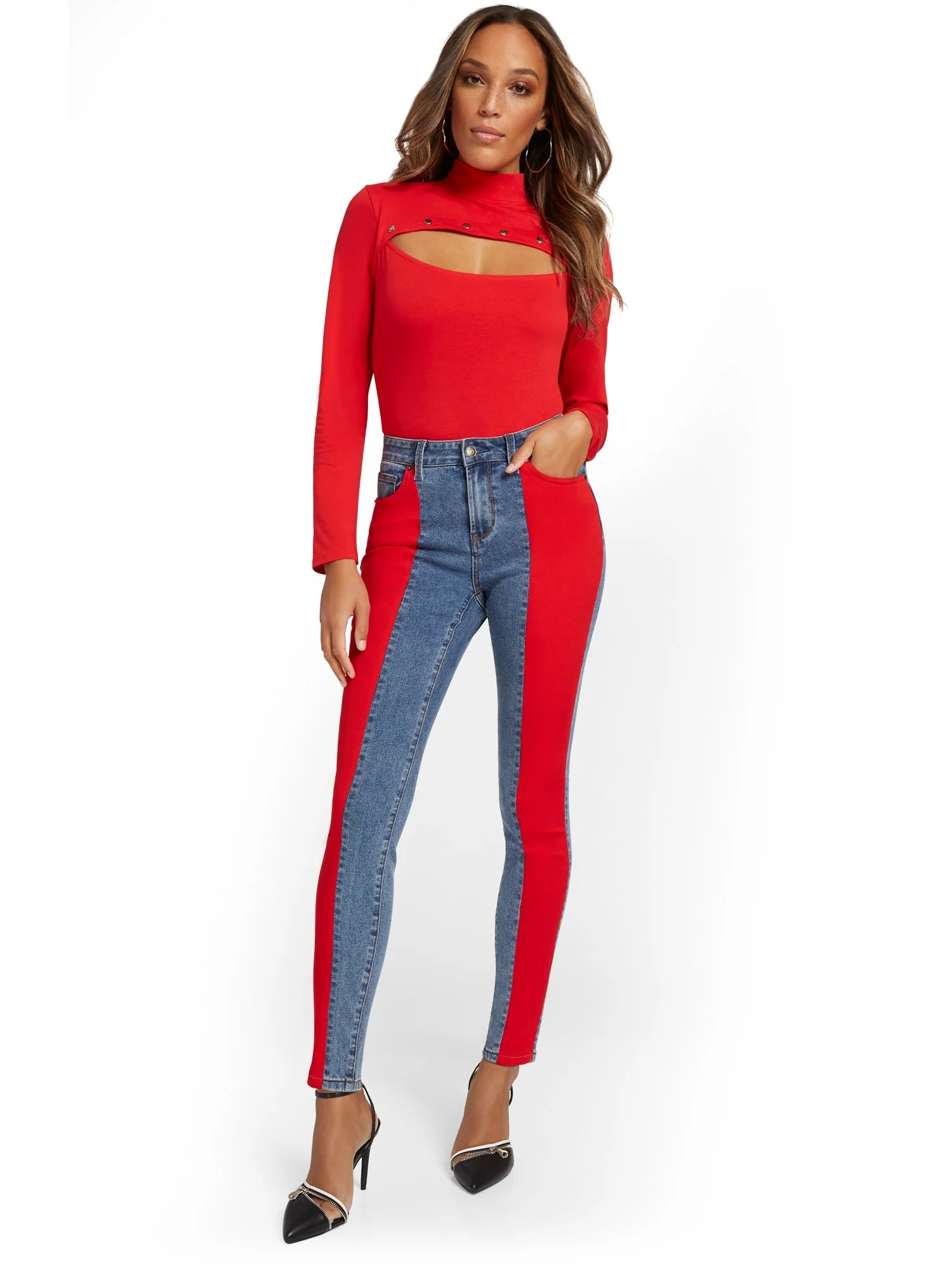 High-Waisted Red Colorblock Skinny Ankle Jeans - Image 5