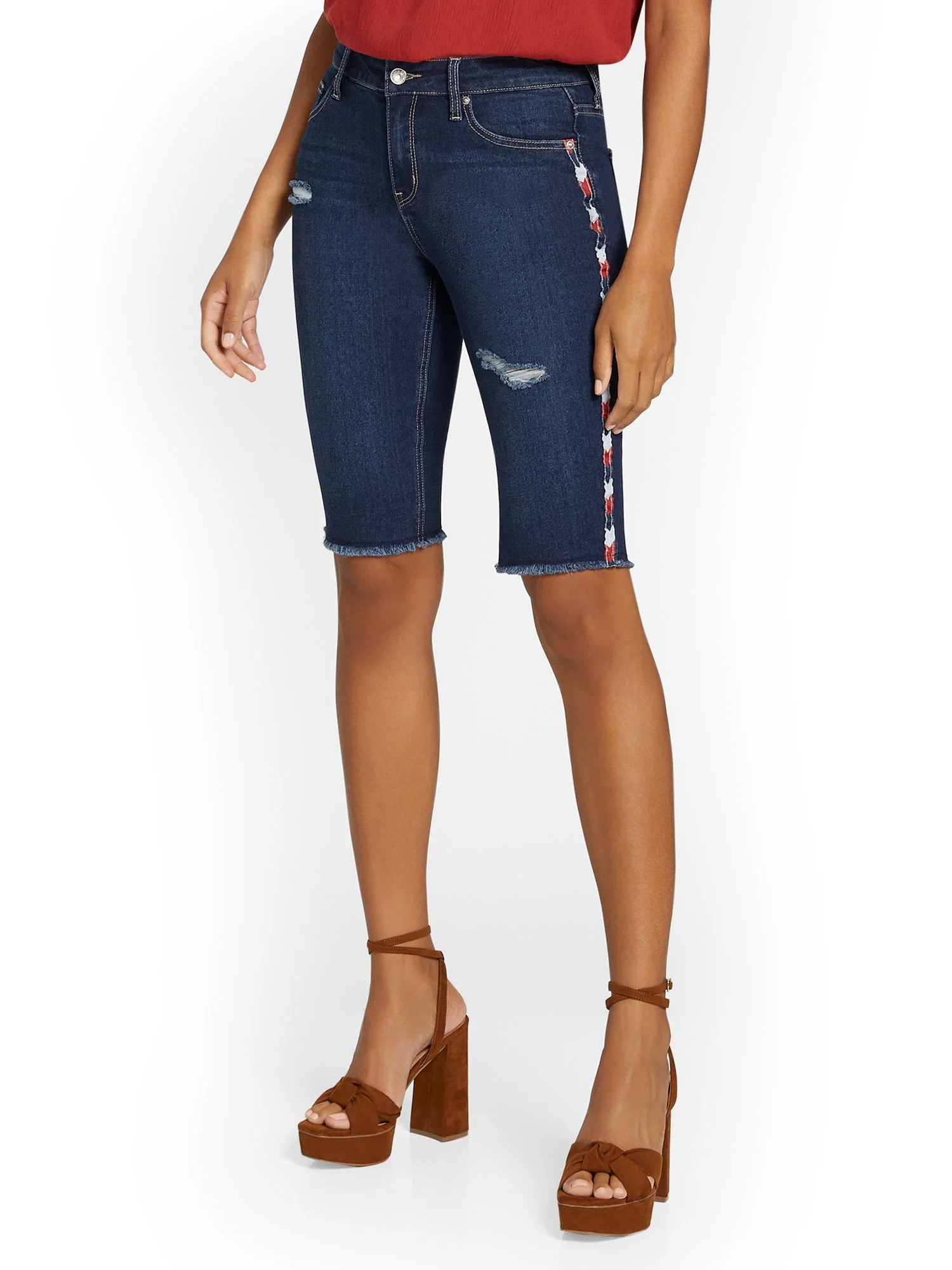 High-Waisted Side-Stripe Denim 13-Inch Short