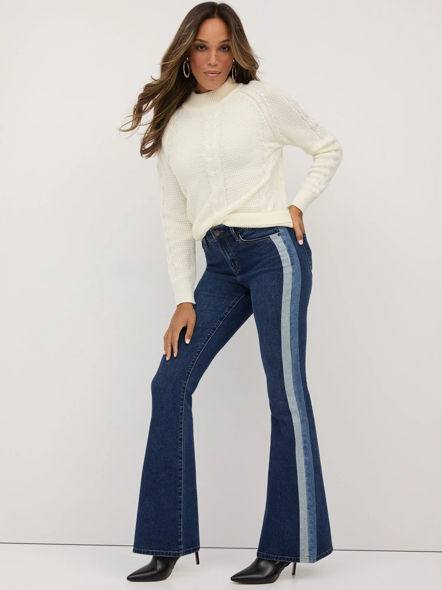 High-Waisted Side-Stripe Flare Jeans - Dark Wash - Image 2