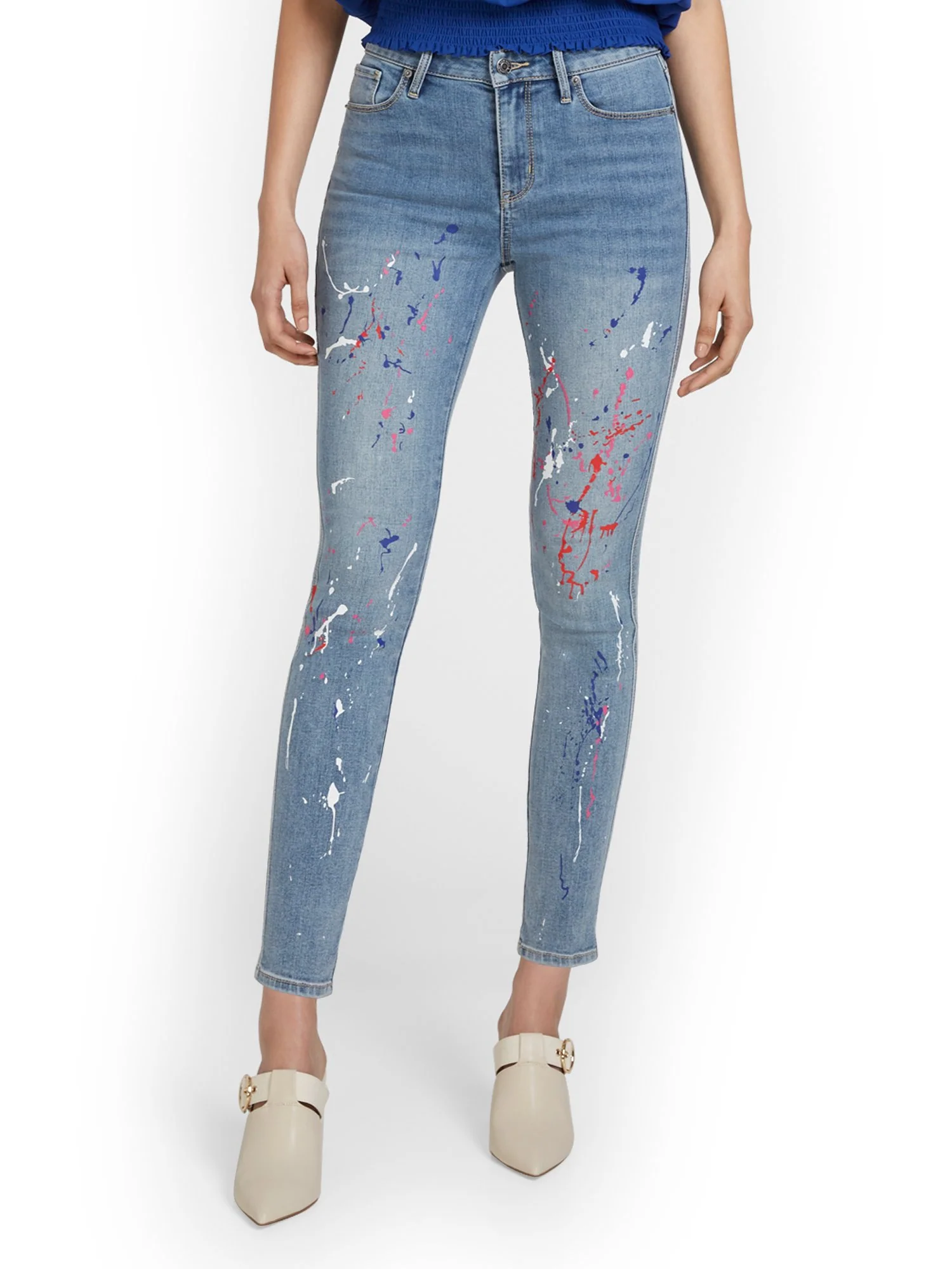 High-Waisted Splatter-Print Super-Skinny Ankle Jeans