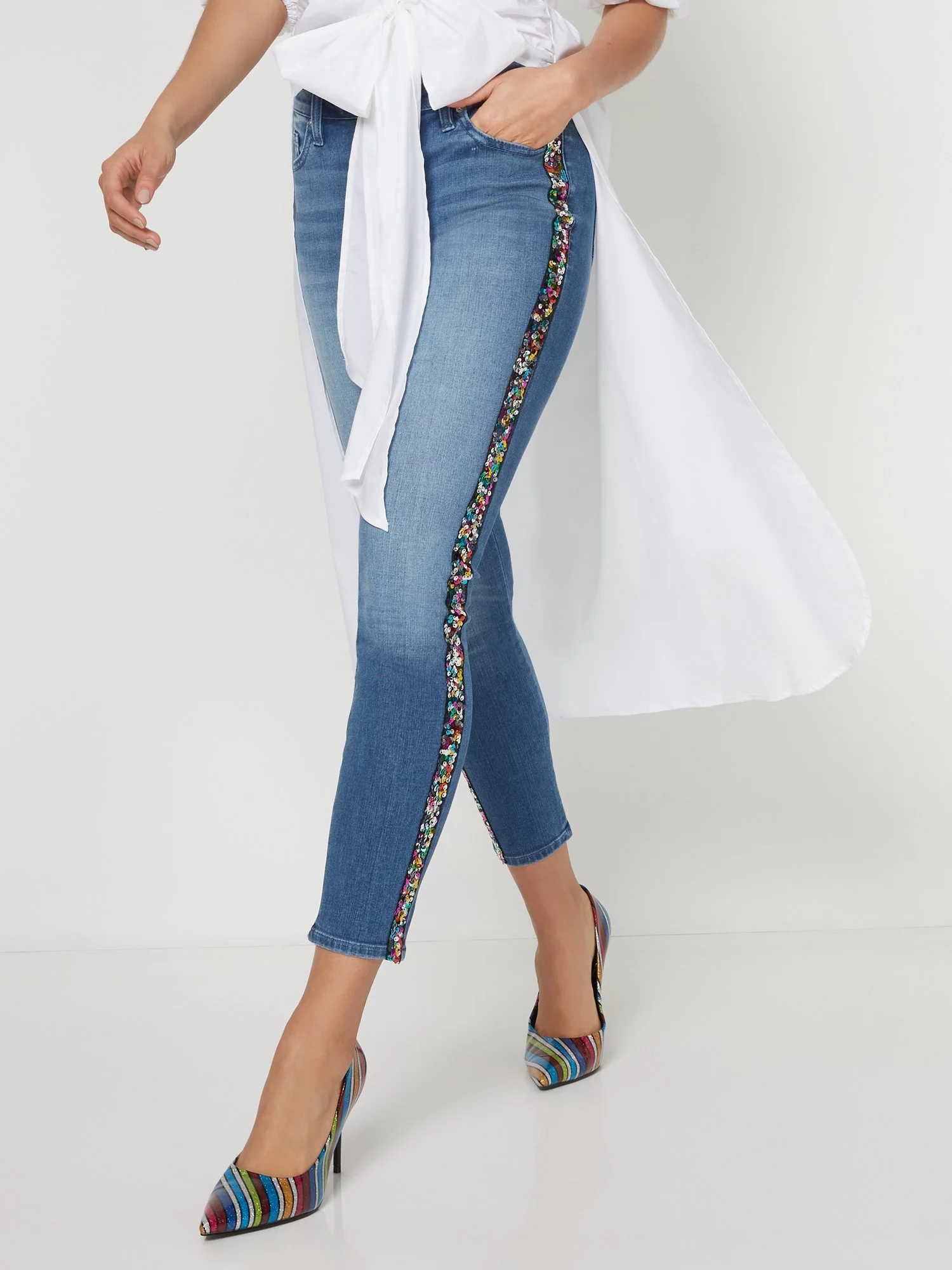 High-Waisted Stripe Skinny Ankle Jeans - Image 2