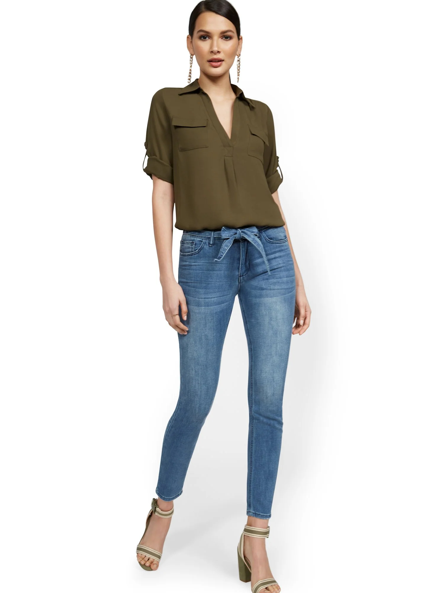 High-Waisted Tie-Front Skinny Ankle Jeans - Medium Blue Wash - Image 4