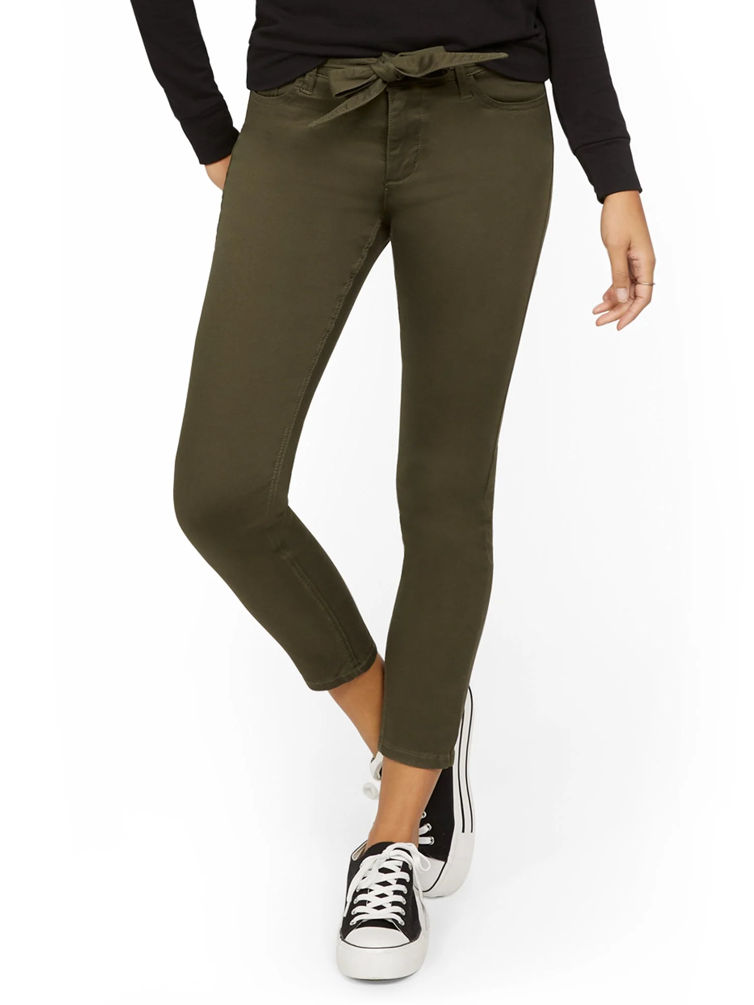High-Waisted Tie-Front Skinny Ankle Jeans - Woodland Green