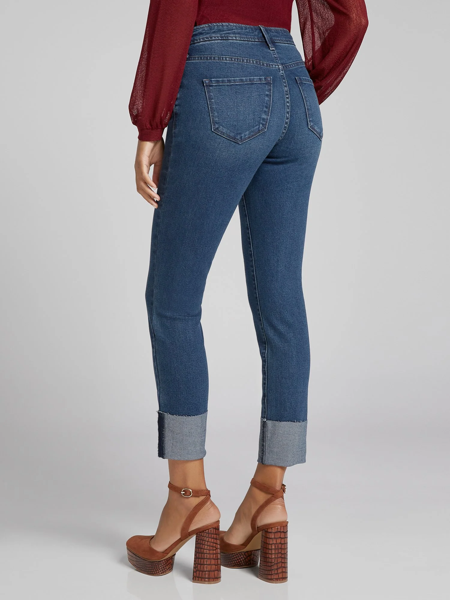 High-Waisted Wide-Cuff Super-Skinny Jeans - Dark Wash - Image 3