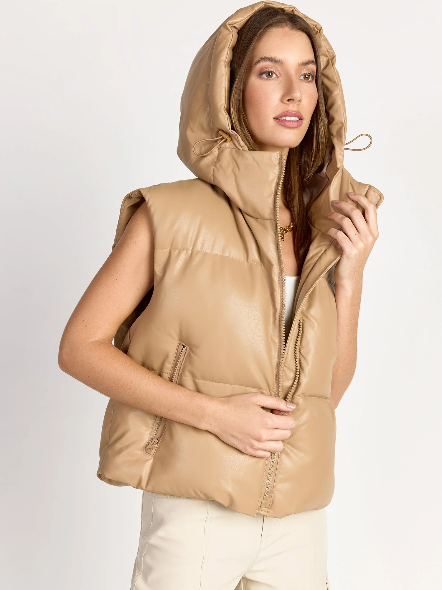 Hooded Faux Leather Crop Puffer Vest - Aaron & Amber - Image 11