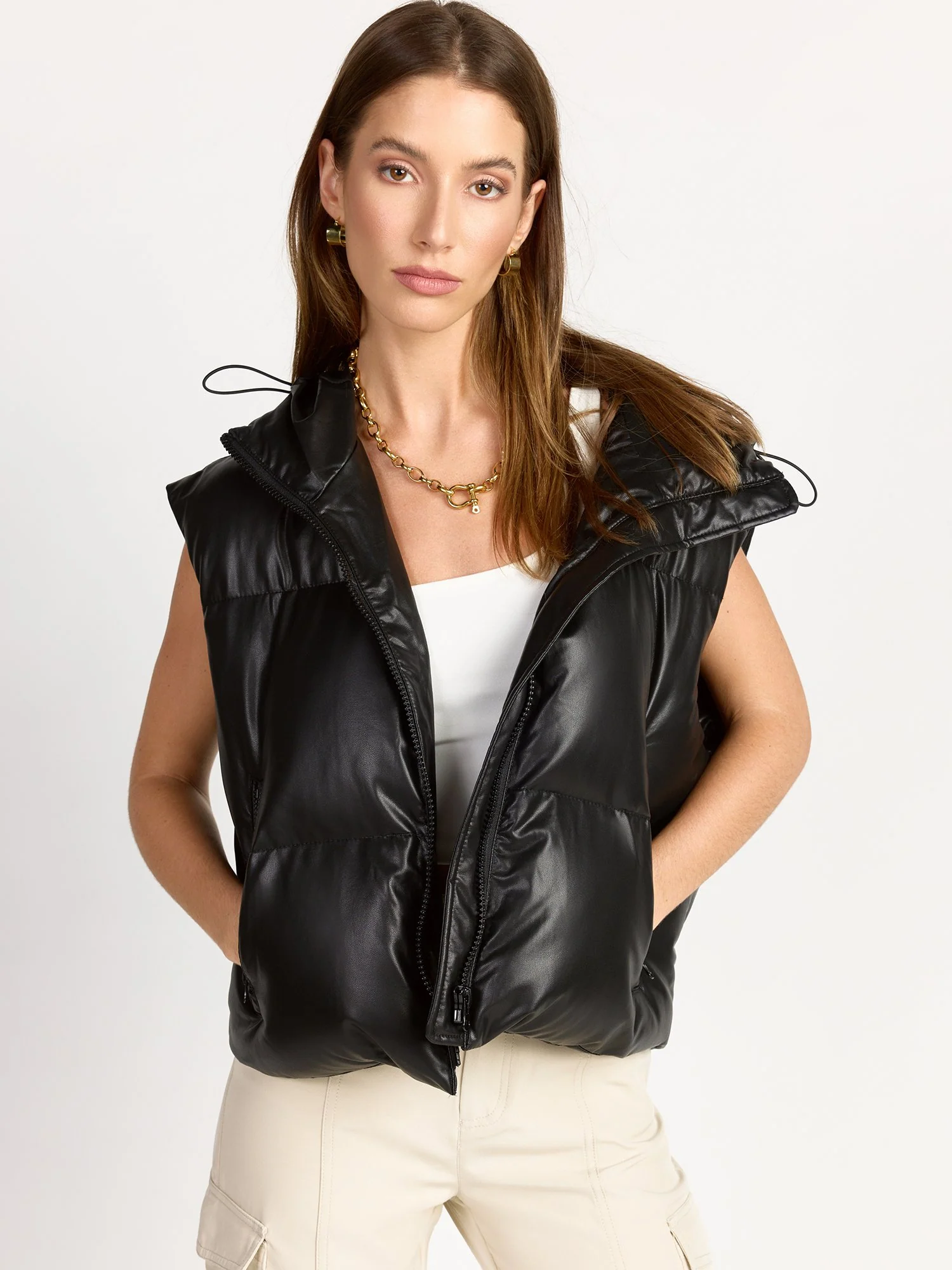 Hooded Faux Leather Crop Puffer Vest - Aaron & Amber - Image 2