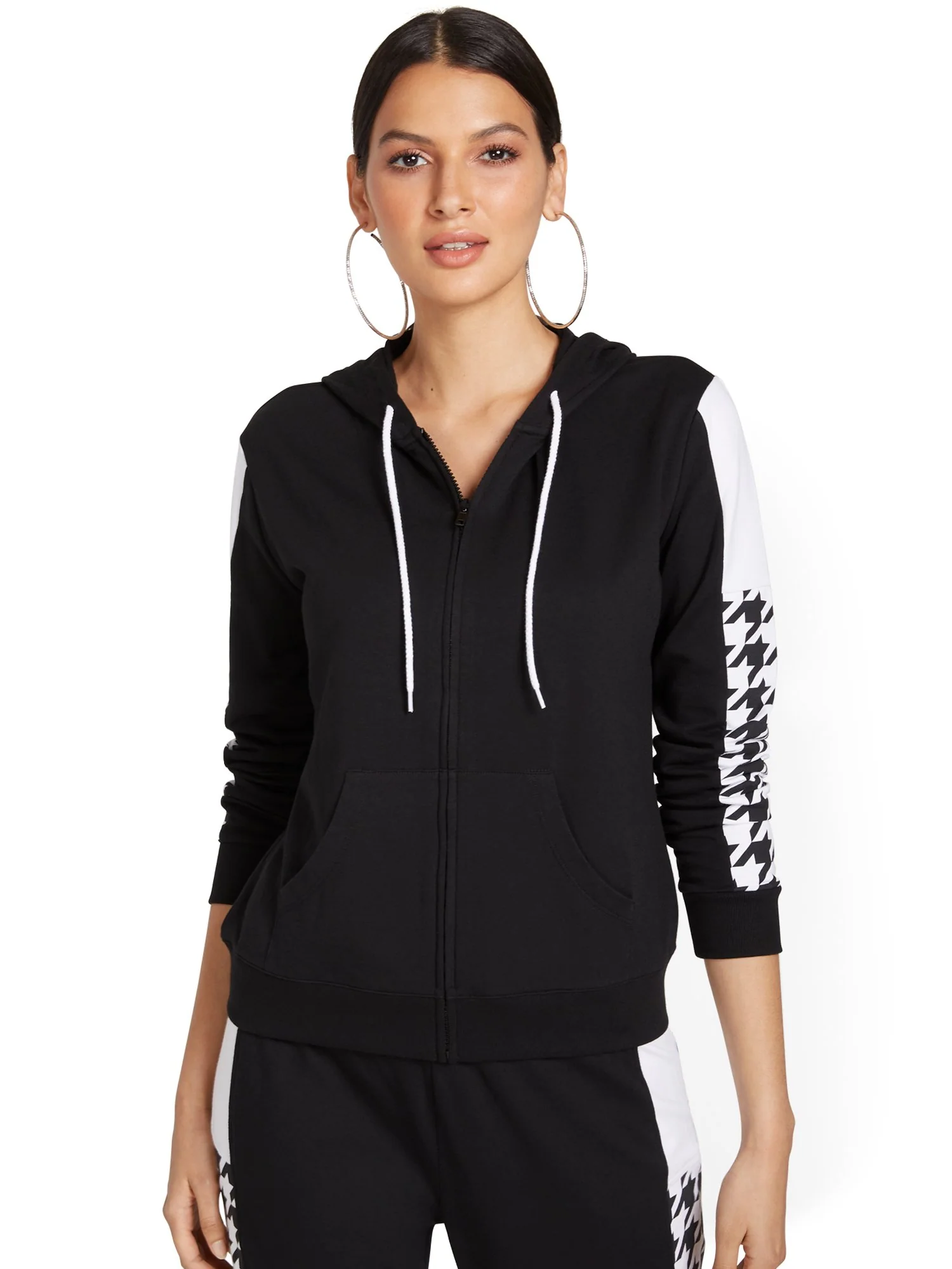 Houndstooth Colorblock French Terry Zip-Front Hoodie