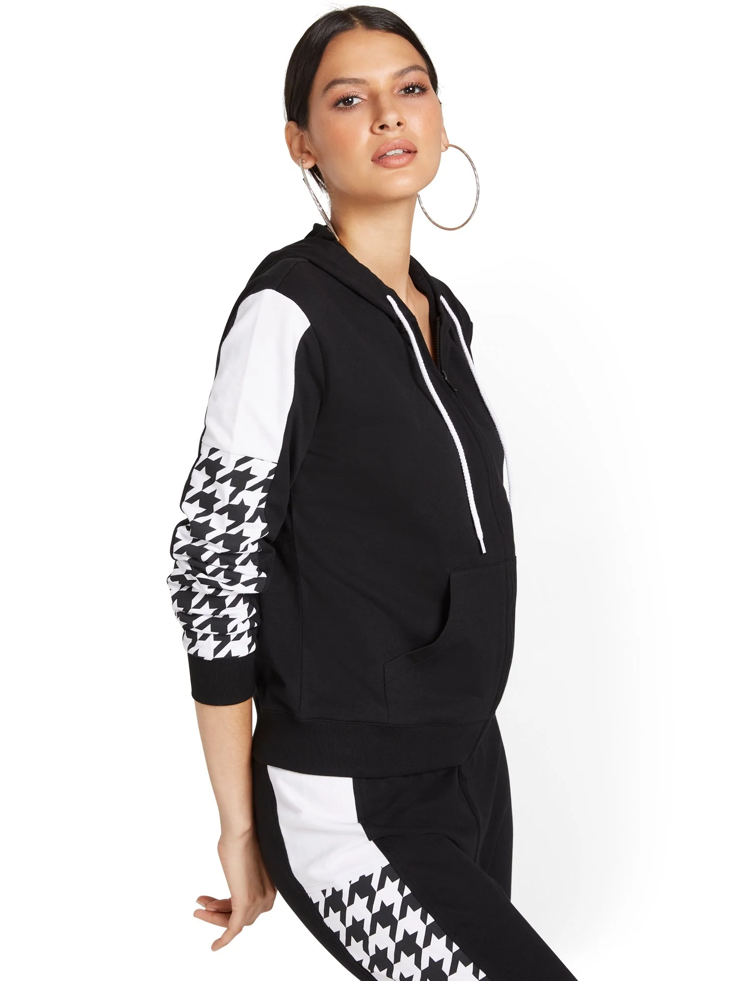 Houndstooth Colorblock French Terry Zip-Front Hoodie - Image 4