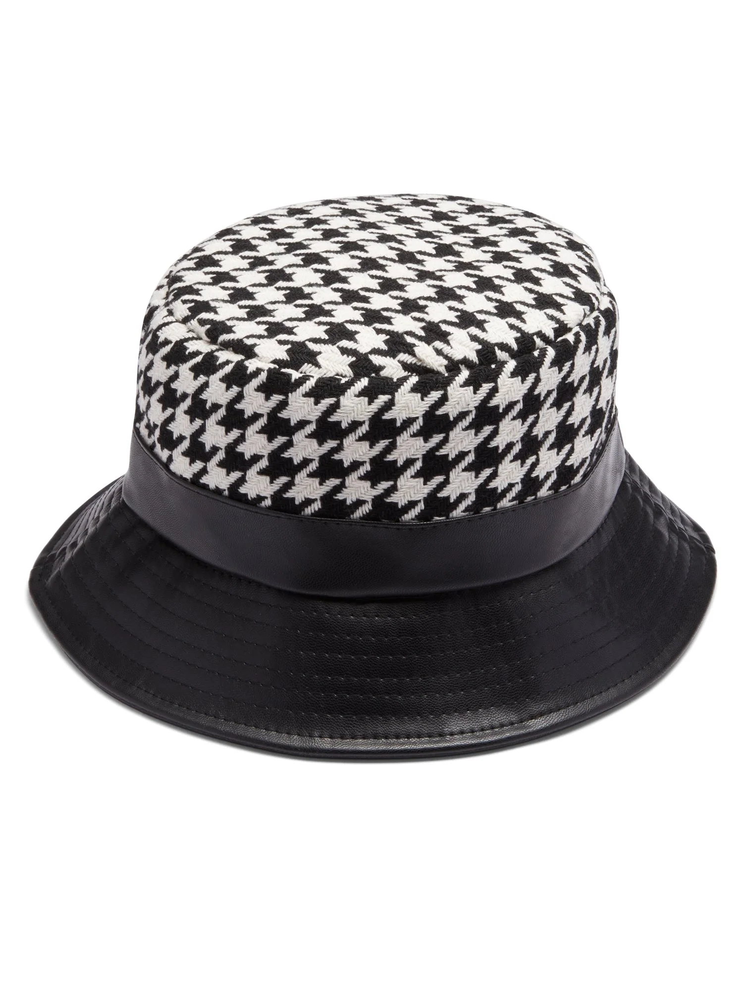 Houndstooth Faux-Leather Trim Bucket Hat - Image 2