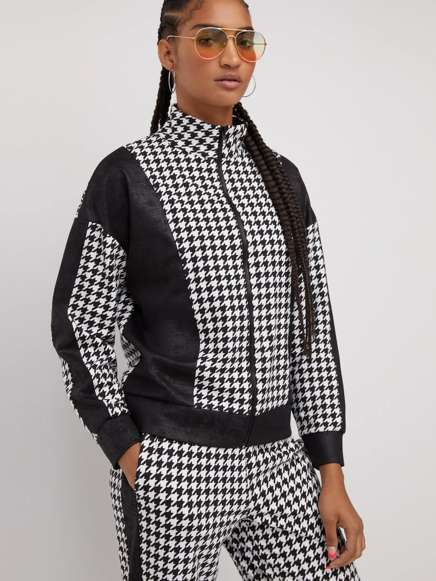 Houndstooth French Terry Faux-Leather Trim Jacket - Image 2